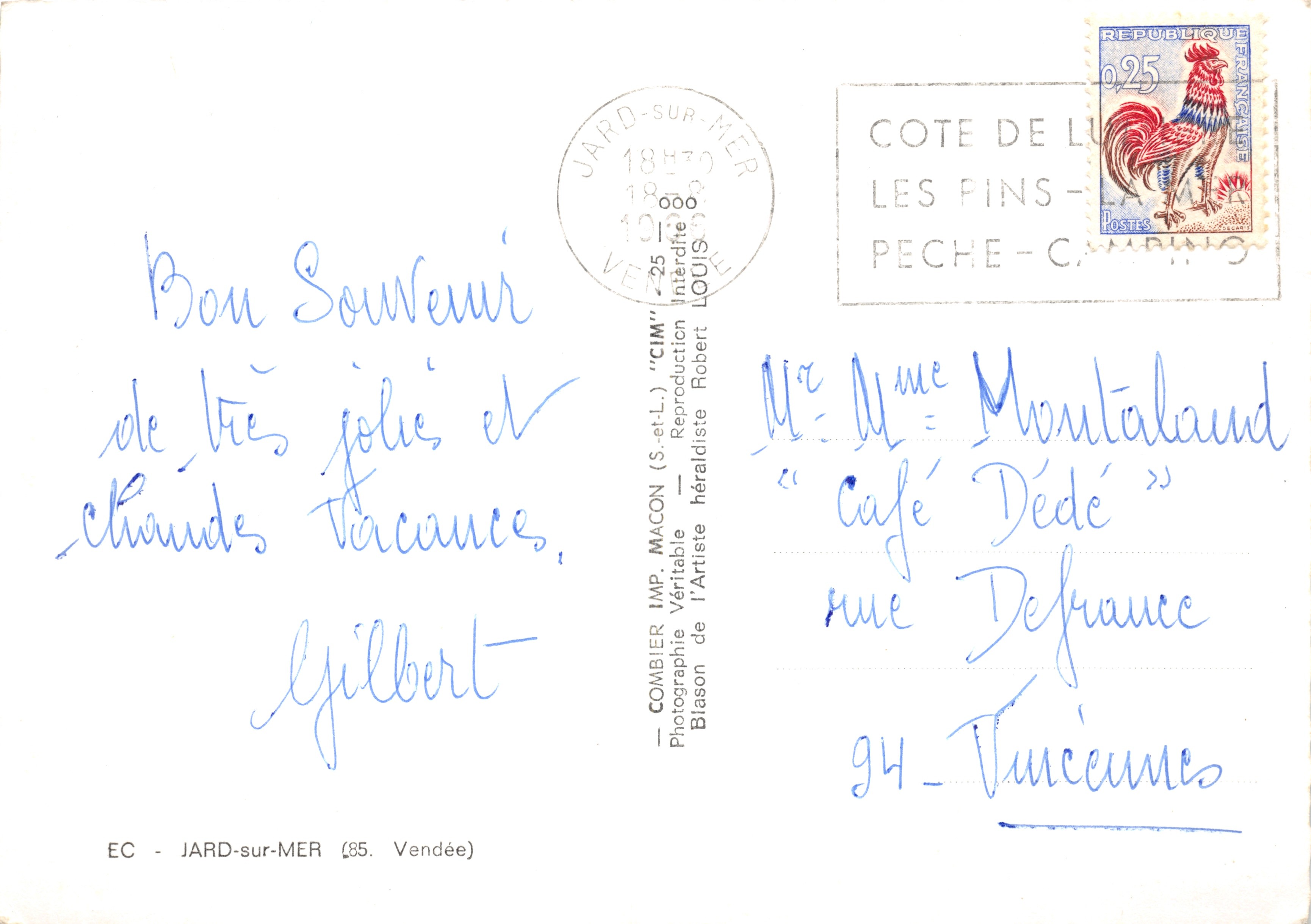 Jard-sur-Mer — vista panoramica con stemma, spiaggia, chiesa, castello e mulino — editore COMBIER IMP. (S.-et-L.) — Verso
