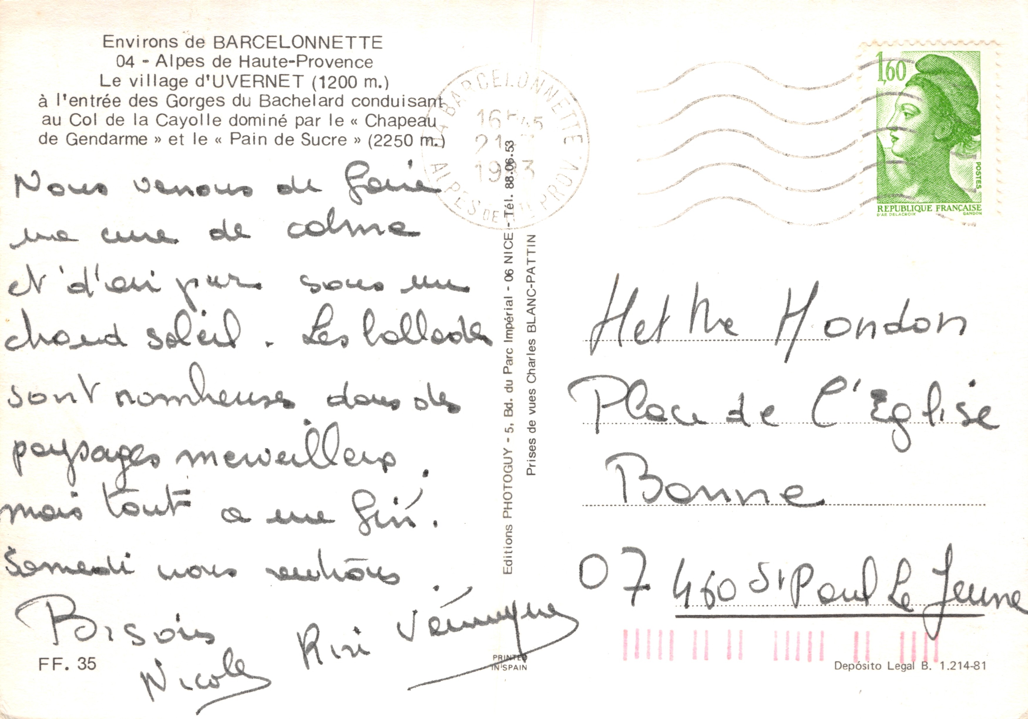 Village d'Uvernet — éditeur Editions Photoguy, n° 07 460 51 — Verso