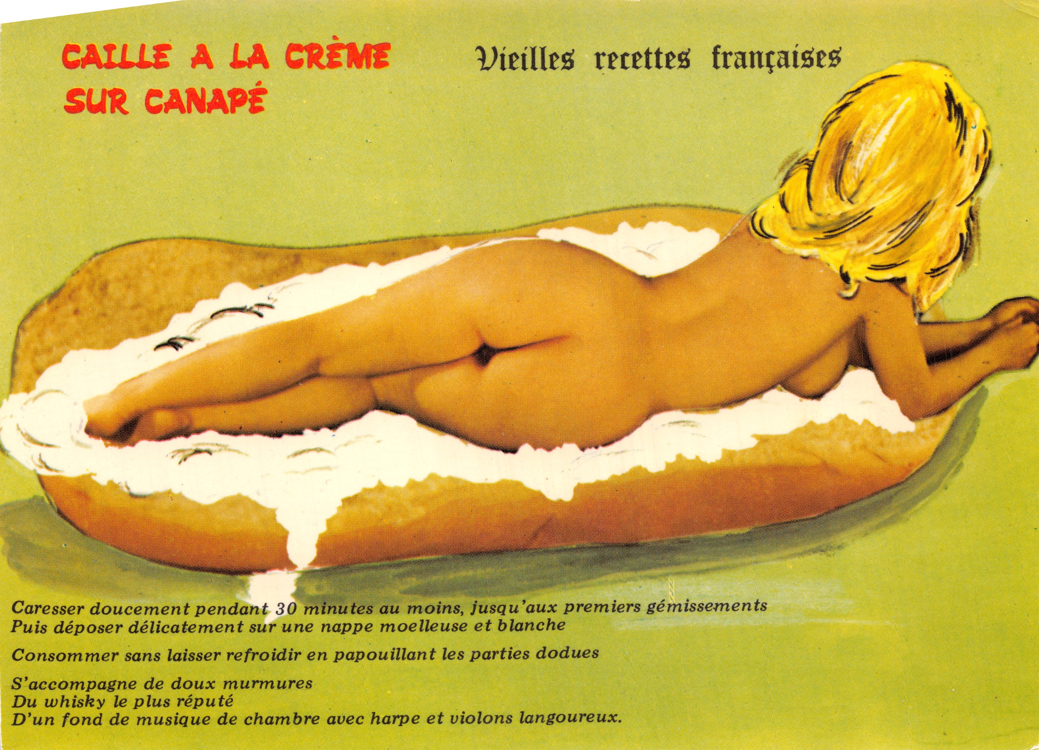 Femme nue dans un hot-dog — recette humoristique « Caille à la crème sur canapé » — Éditions LYNNA - PARIS, série 556/31