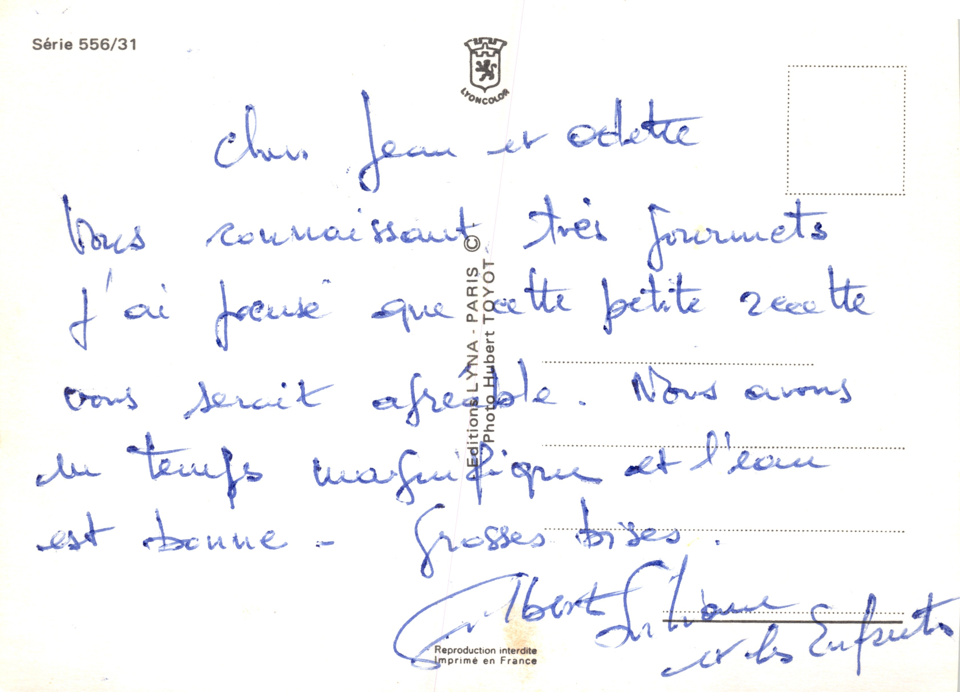 Femme nue dans un hot-dog — recette humoristique « Caille à la crème sur canapé » — Éditions LYNNA - PARIS, série 556/31 — Verso