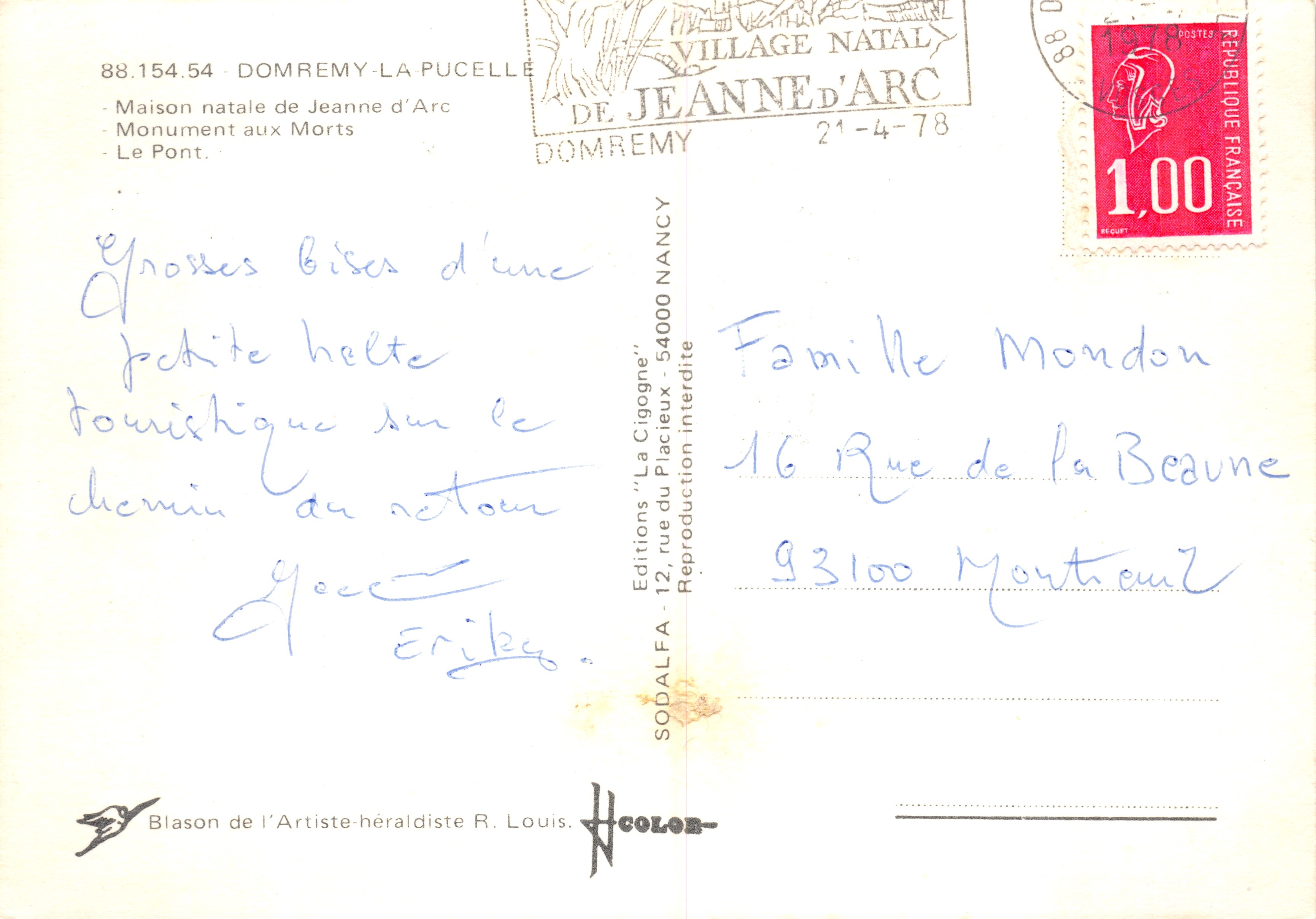 Domremy-la-Pucelle — Religious Building, Statue of Joan of Arc, Bridge and Flowers — Editions SODALFA — Back