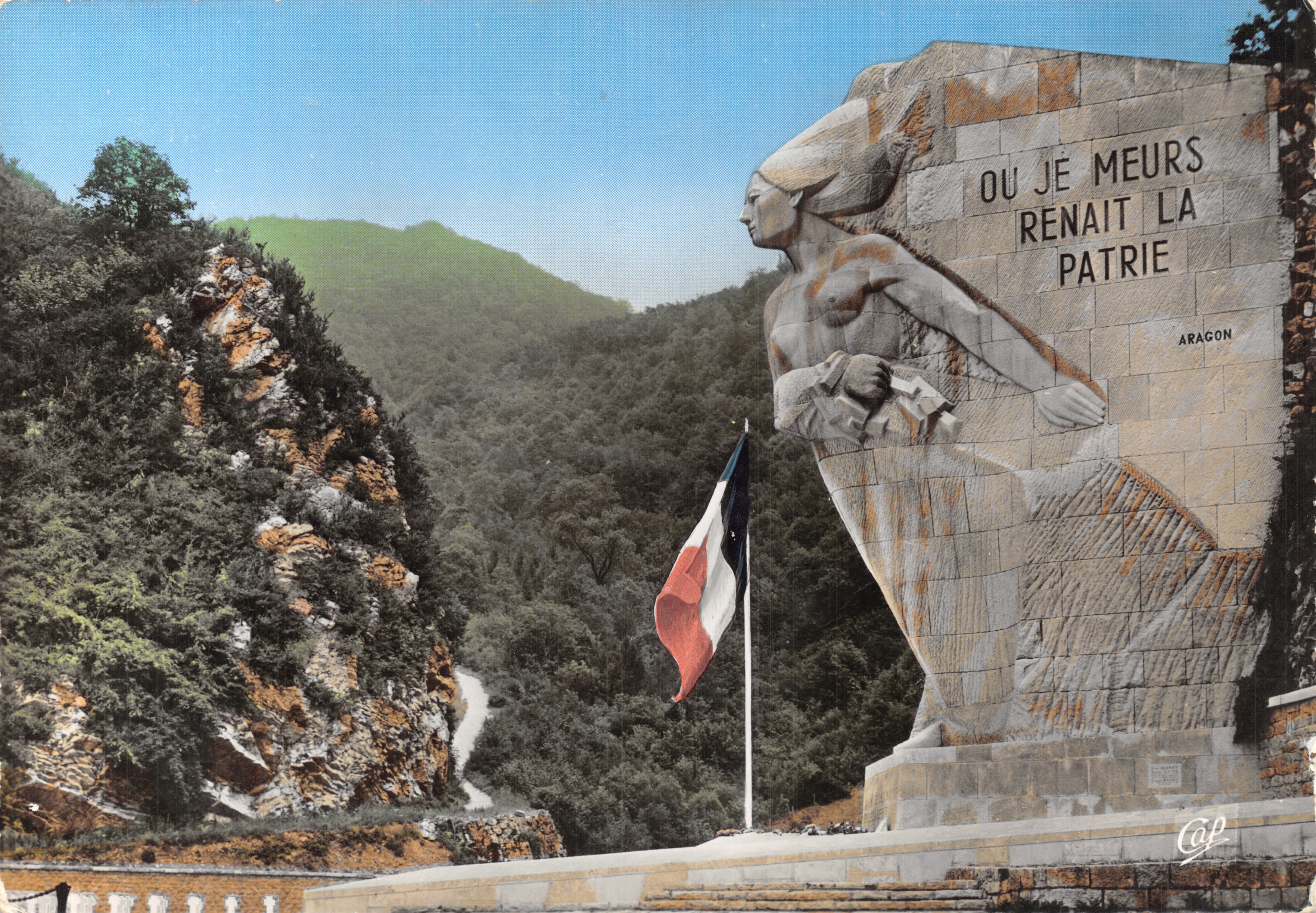Monument aux Morts d'Aragon — statue féminine avec inscription 'Ou je meurs, la patrie renaît' — éditeur C.A.P.