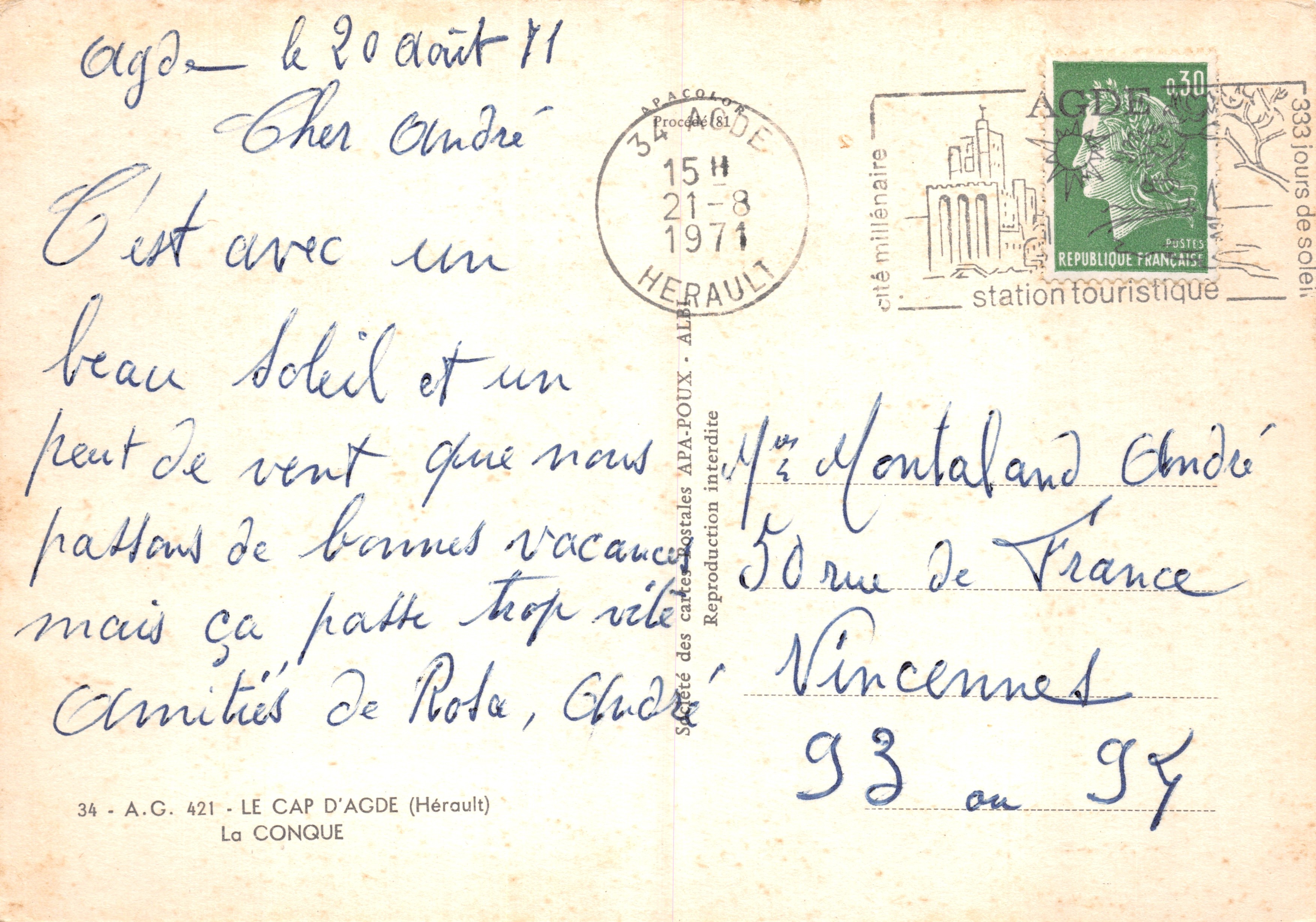 Le Cap d'Agde — station touristique — Société des cartes postales APA-POUX, n° 34 - A.G. 421 — Rückseite