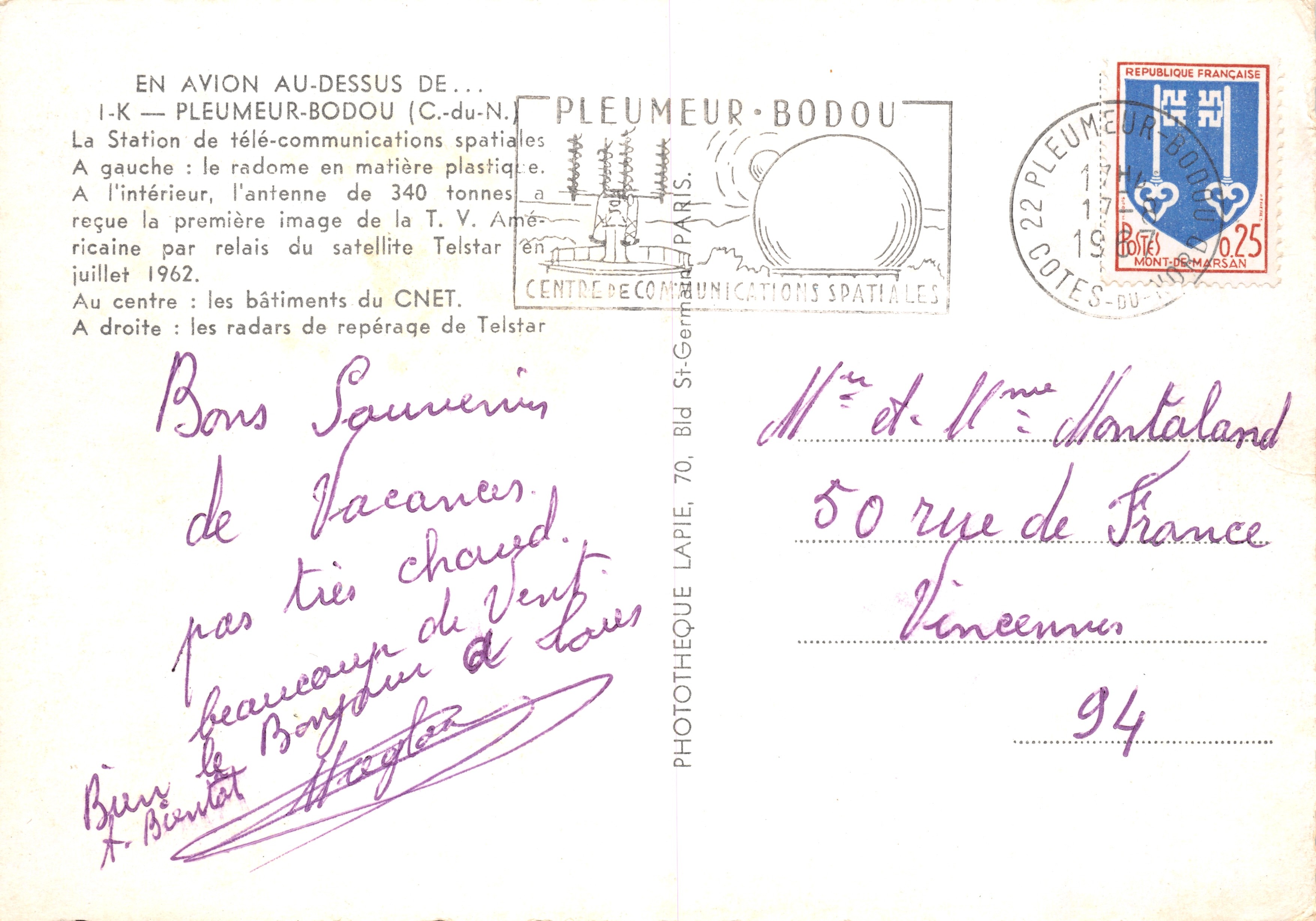 Pleumeur-Bodou — Raumfahrt-Kommunikationsstation — Verlag: PHOTO-THÈQUE PARIS — Rückseite