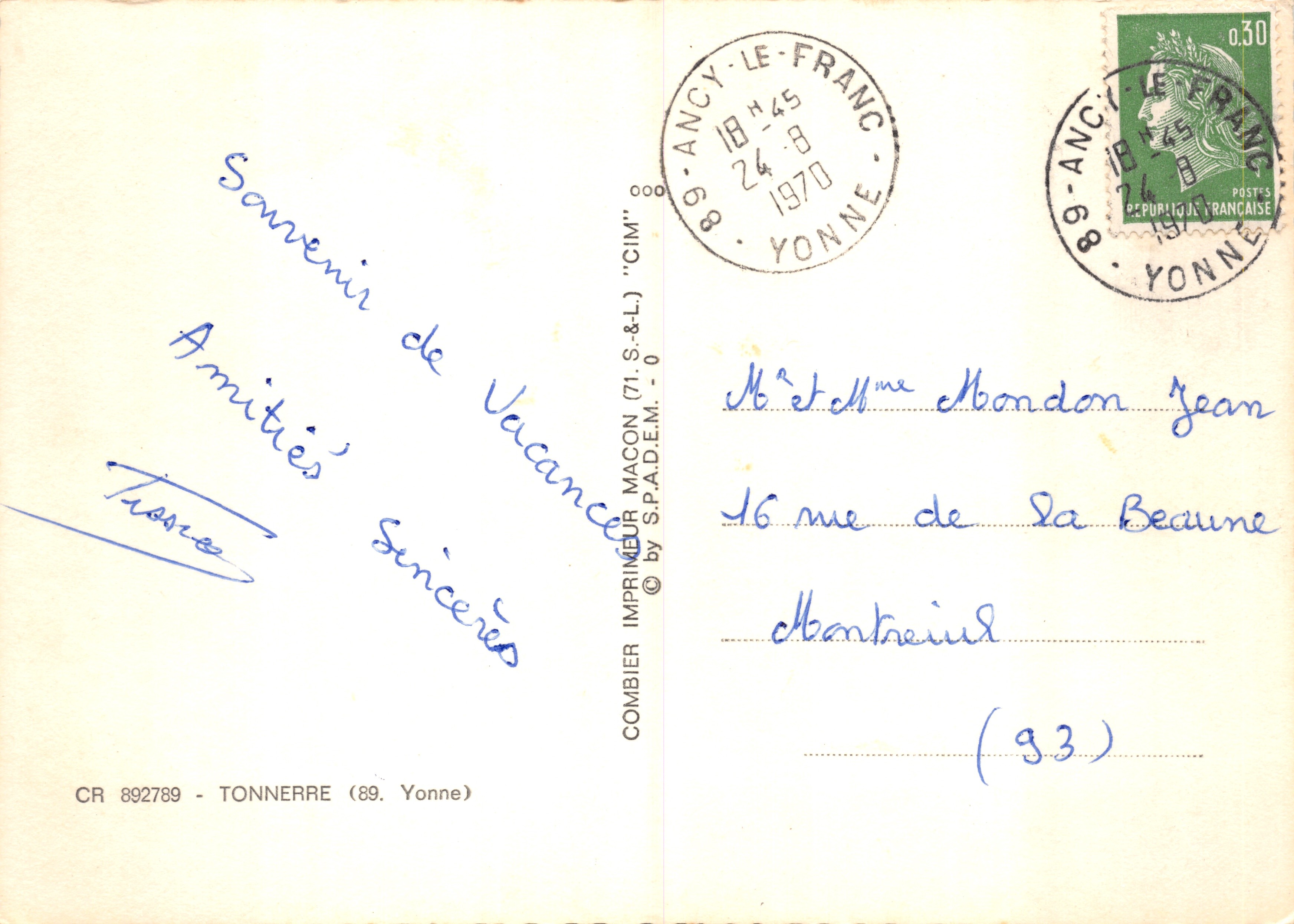 Tonnerre — vue générale, la fosse Dionne, bords de l'Armançon, place de la République — Imprimeur Combier Ancy-le-Franc — Verso
