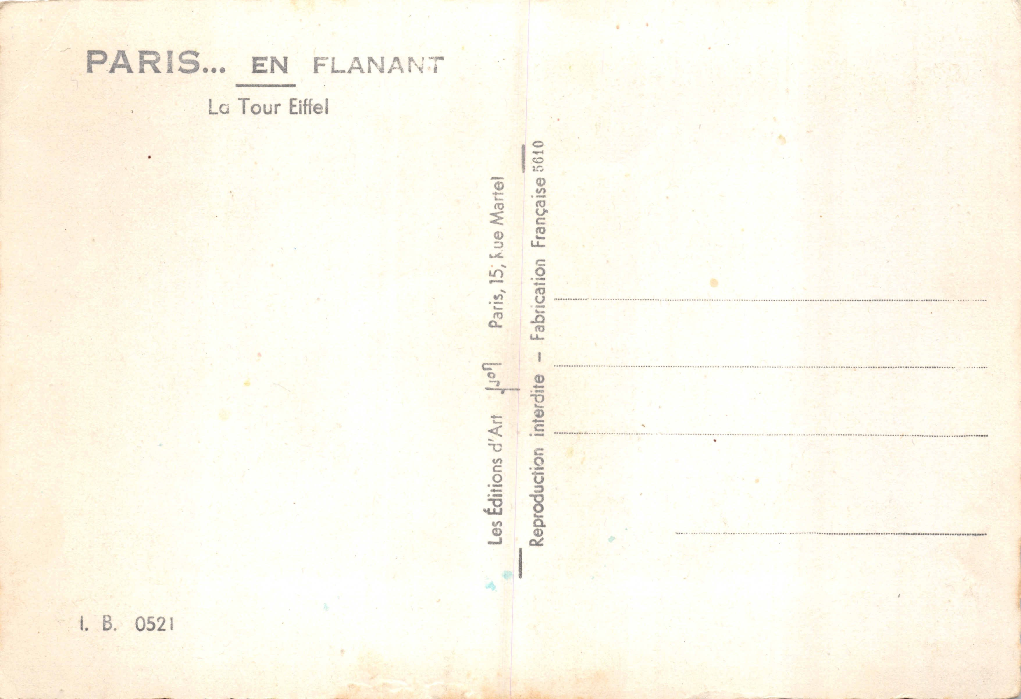 Paris — La Tour Eiffel — Les Éditions d'Art Flanant, n° 0521 — Achterkant
