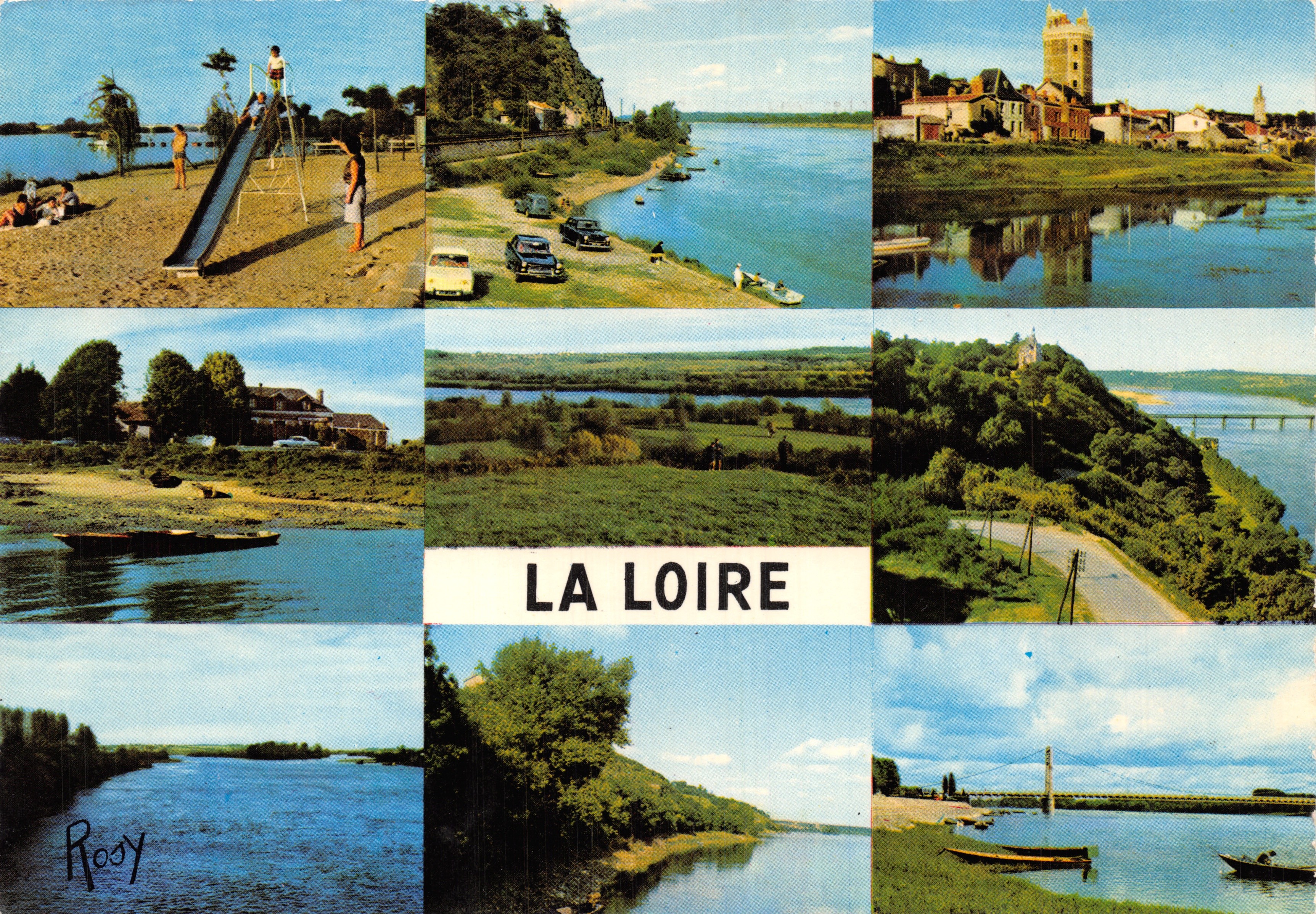 La Loire — vue panoramique avec toboggan, pont et villages — éditeur Rosy