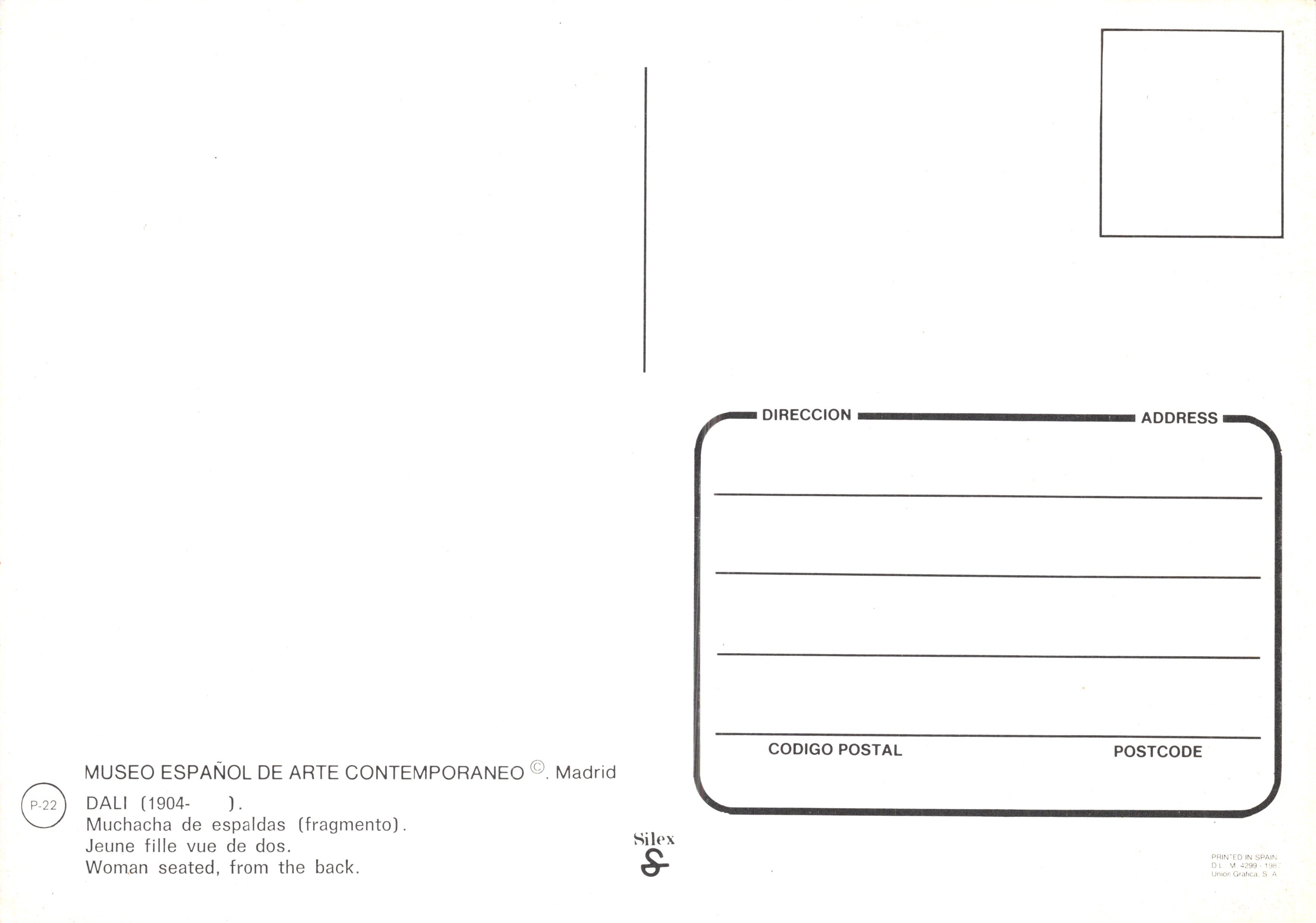 Vrouw zittend van achteren — fragment van een werk van Salvador Dalí — uitgever Silex, nr. P-22 — Achterkant