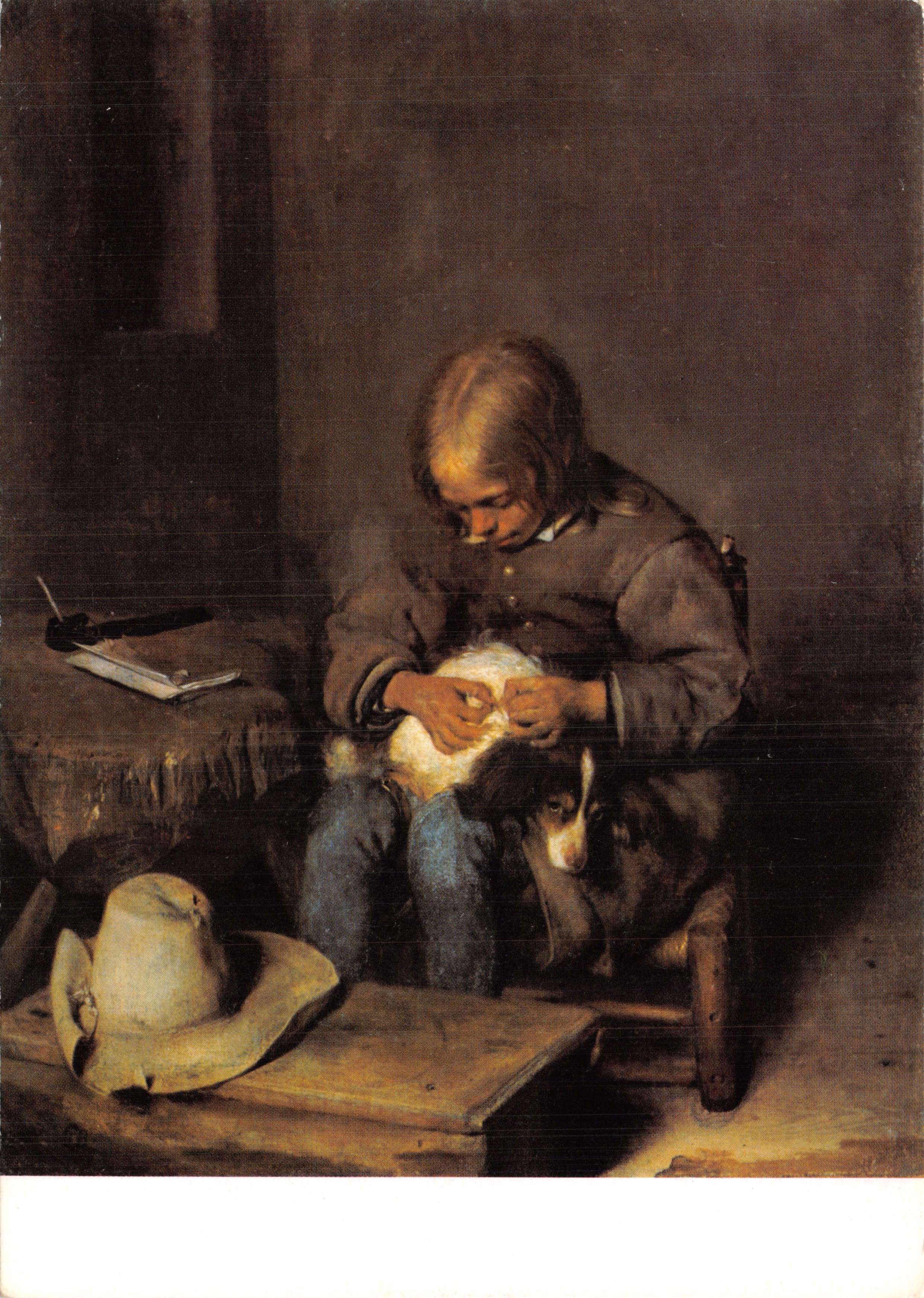 Garçon épuçant son chien — tableau de Gerard Ter Borch (1617-1681) — imprimé sur la carte