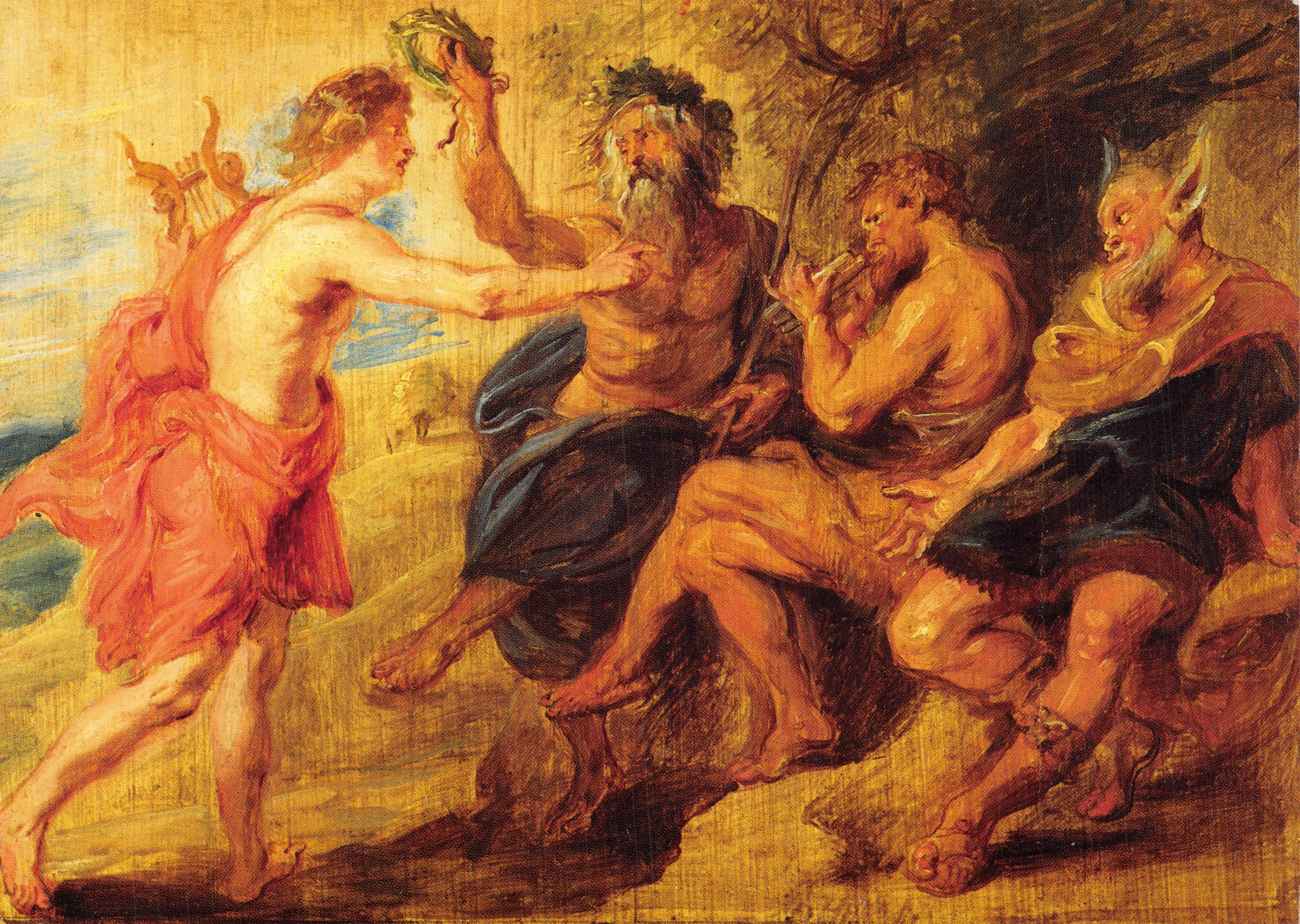 Apollon et Pan — scène mythologique — éditeur Musées royaux des Beaux-Arts de Belgique, Bruxelles, n° d'inventaire 4128