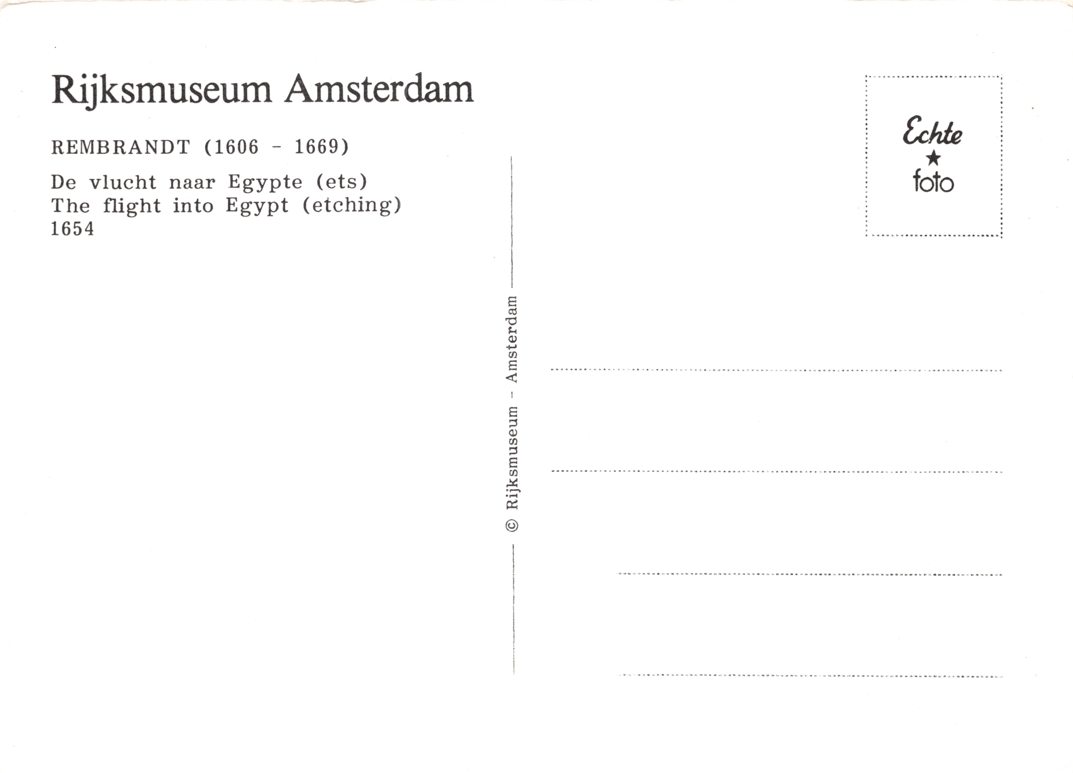 La fuite en Égypte — gravure d'après Rembrandt — Rijksmuseum Amsterdam — Verso