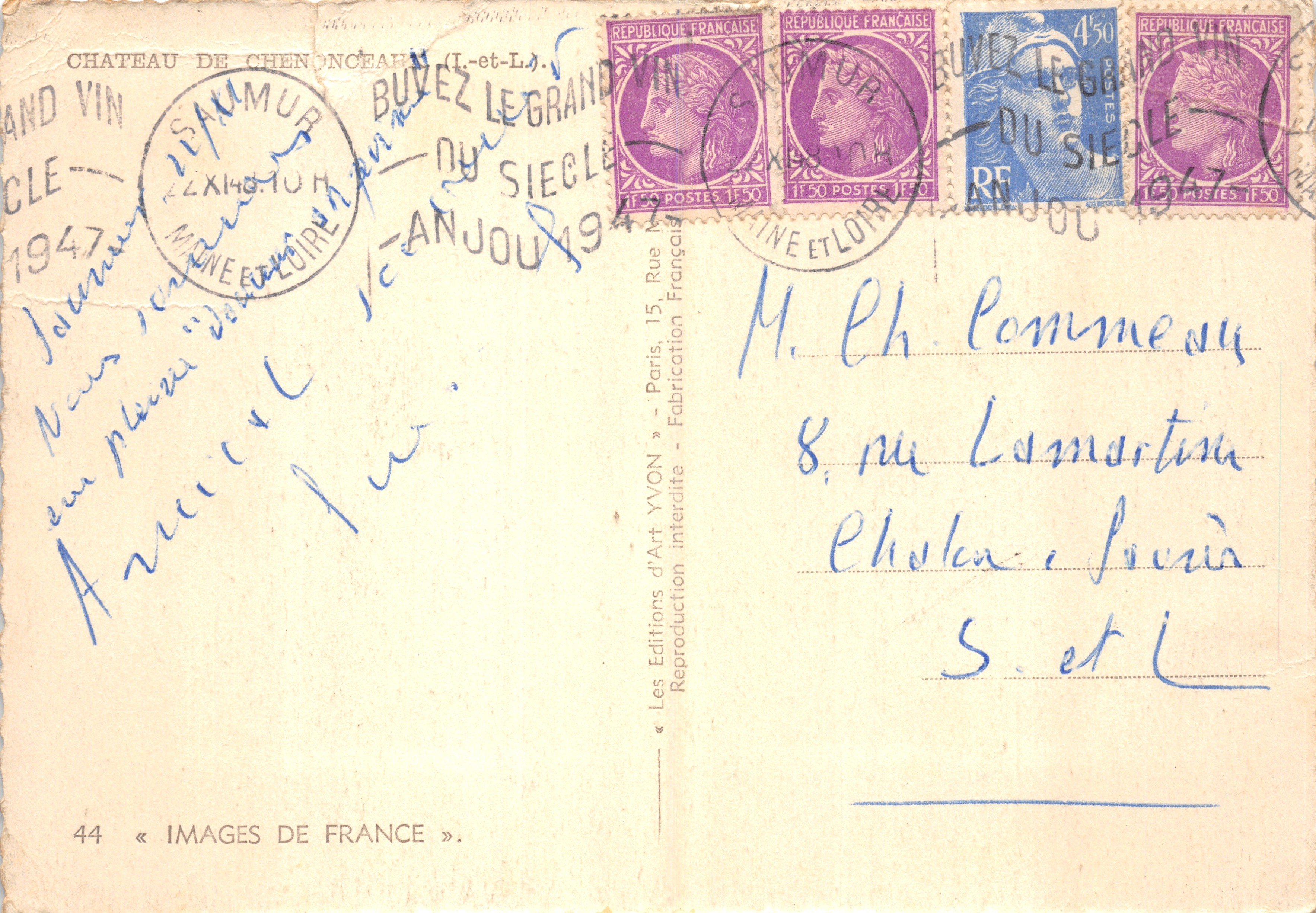 Schloss Chenonceau — Ansicht des Schlosses, das die Loire überquert — Éditions d'Art Yvon, n°44 — Rückseite