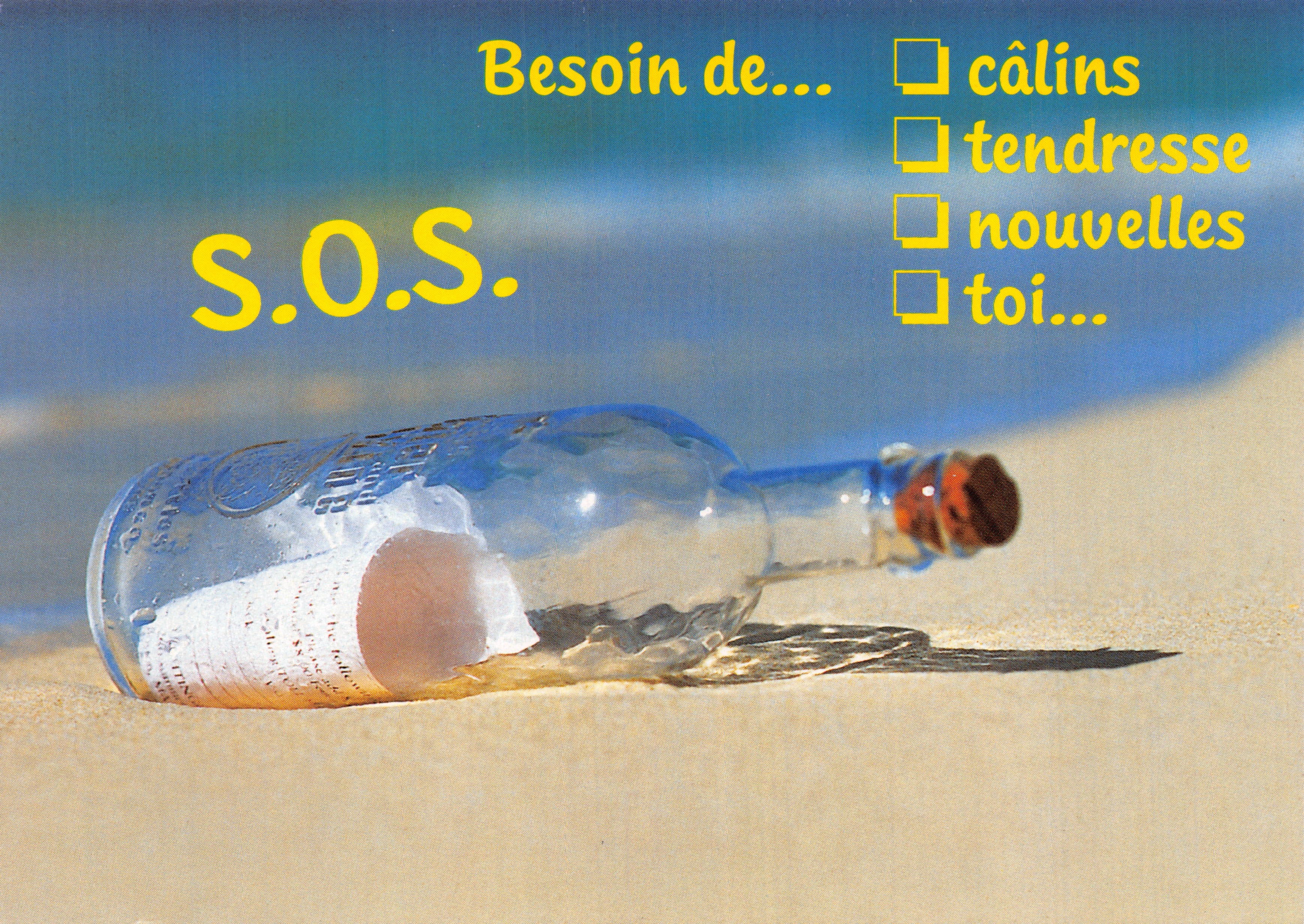 Bouteille à la mer — S.O.S. avec liste de besoins — éditeur Fotoline