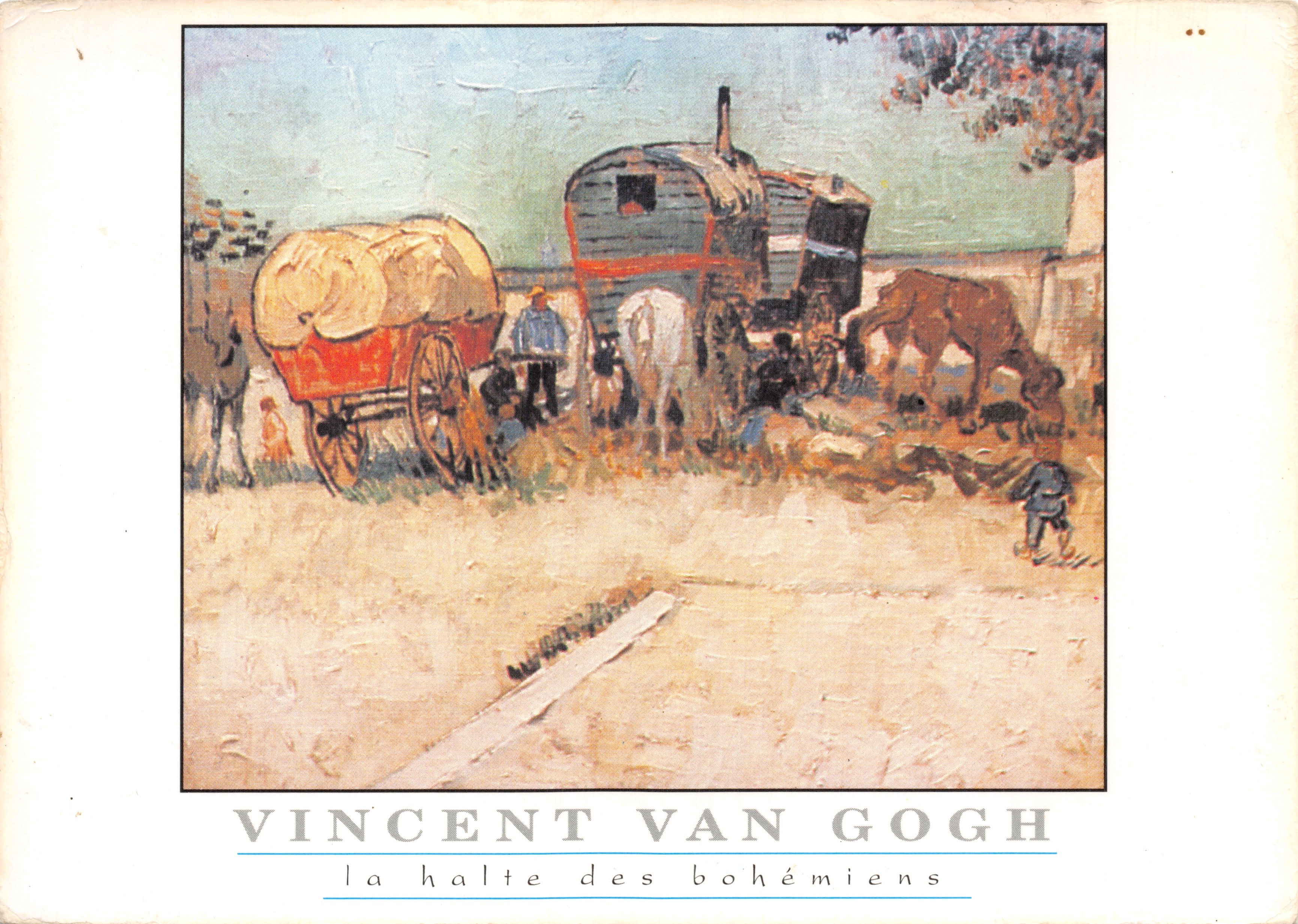 La halte des bohémiens — scène de campement avec chariot et chevaux — éditeur Editions du Boumian, n° 4008