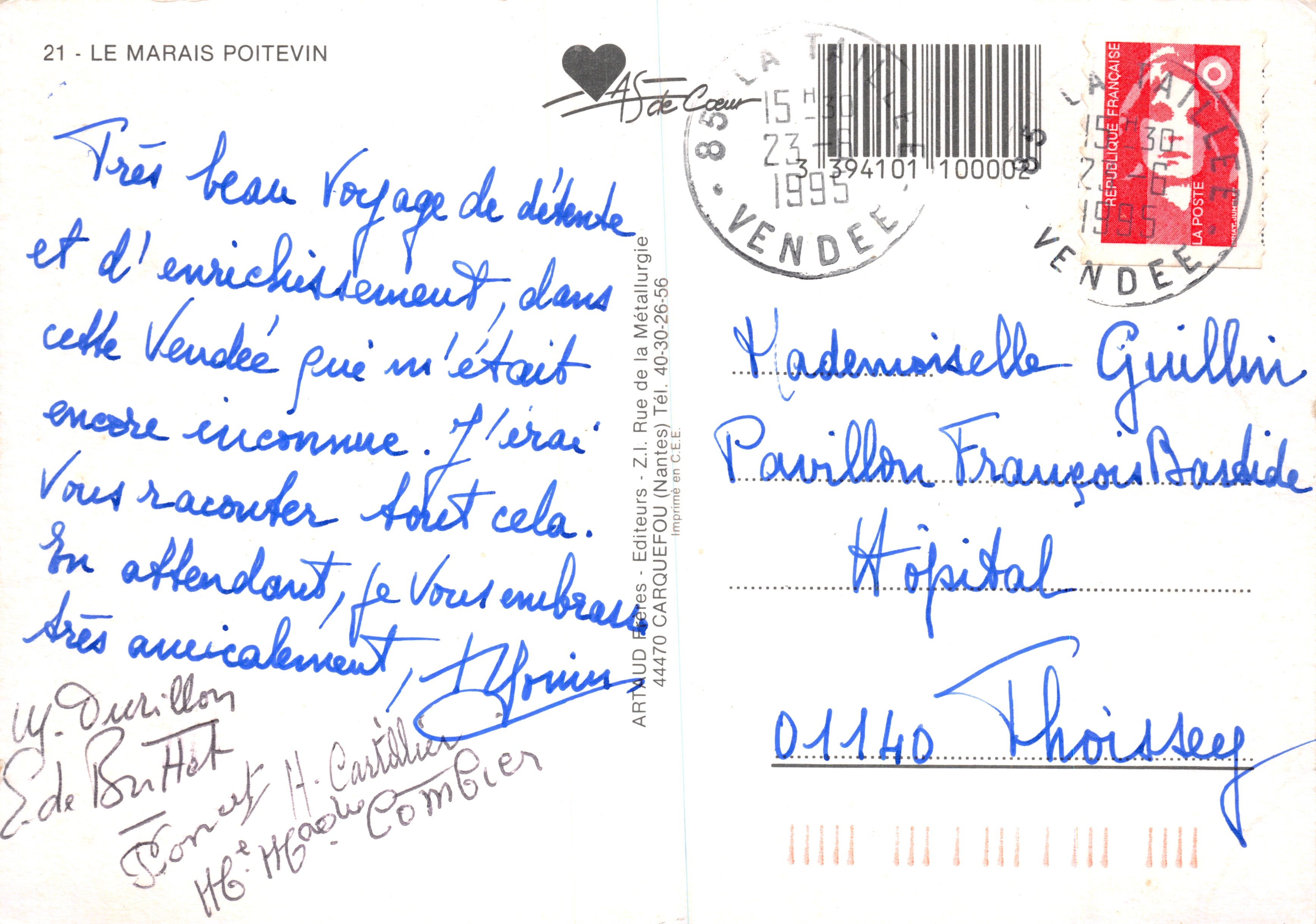 El Marais Poitevin — canal bordeado de árboles y barcos — editor ARNOLD Éditeurs, Z.I. Rue de la Métallurgie, 44470 Carquefou (Nantes) — Reverso