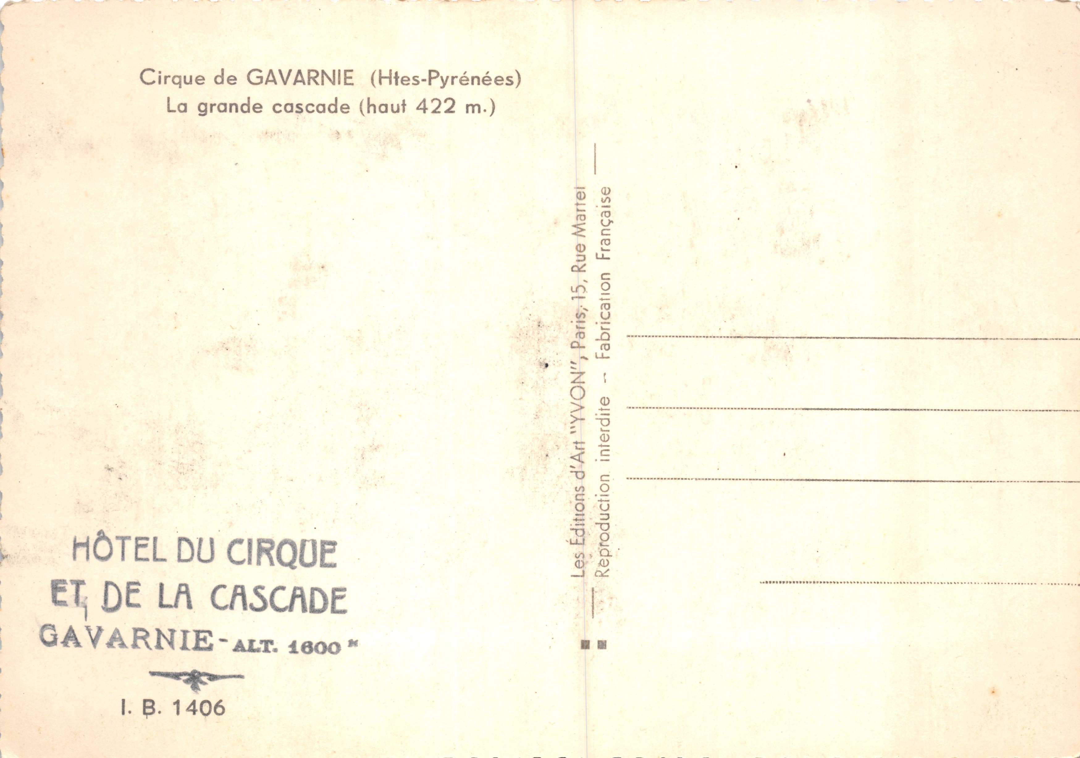 Cirque de Gavarnie — La grande cascade (haut 422 m.) — Éditions d'Art 'YVON', Paris — Rückseite