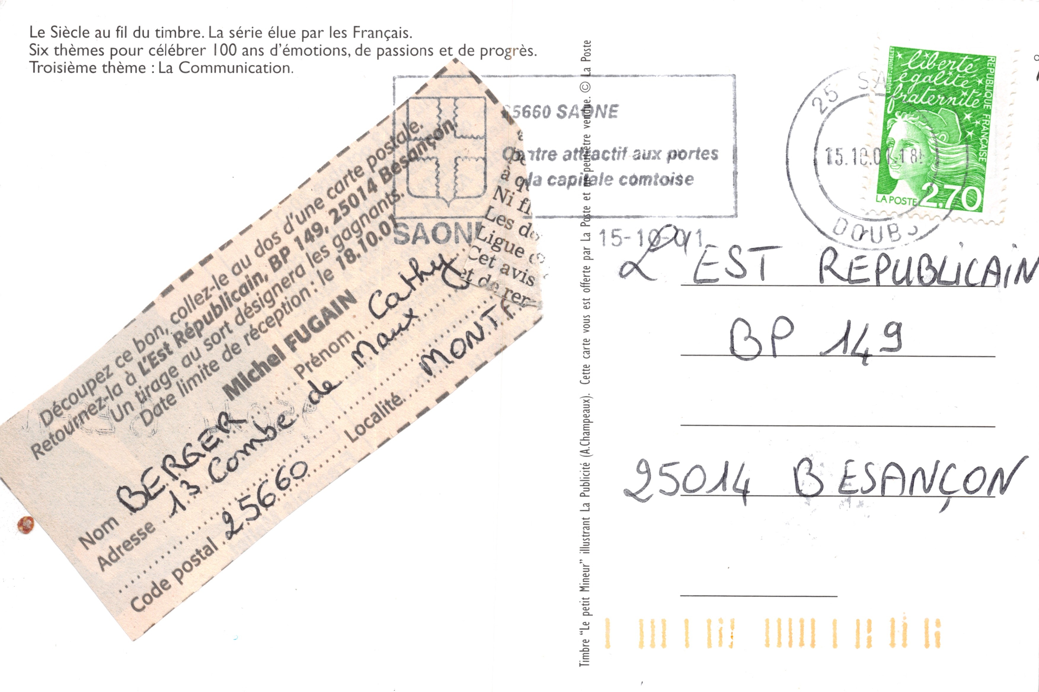 De kleine Mijnwerker — stripfiguur — uitgever LA POSTE 2001, serie-nummer 1000 — Achterkant