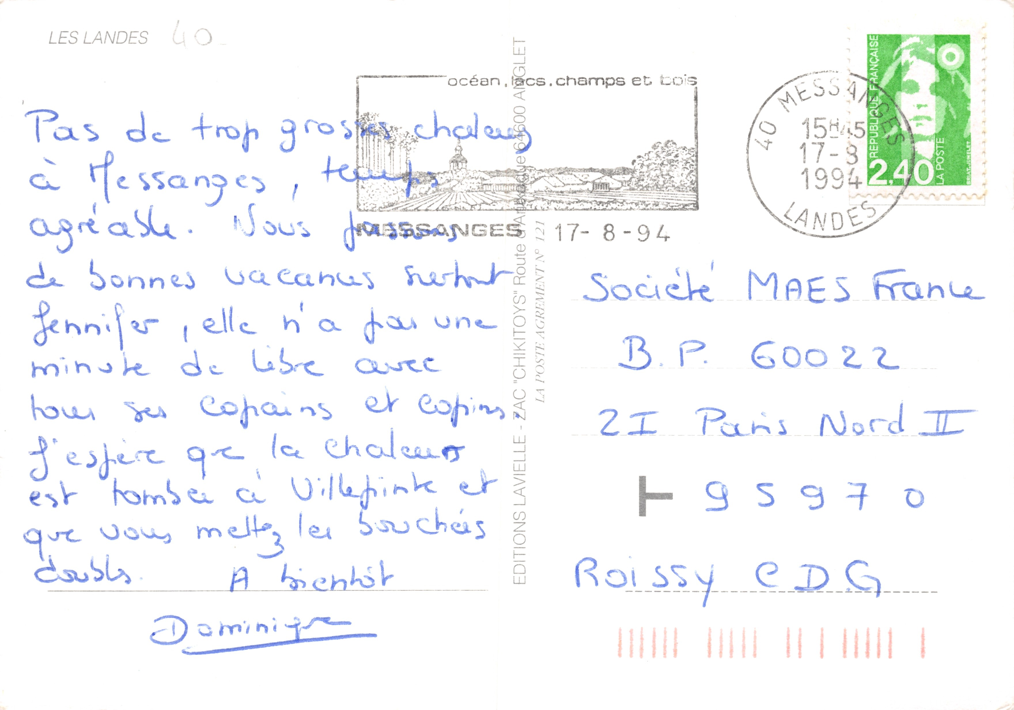 Les Landes — Panoramablick mit Boot, Strand, Blumen, Bauernhof und Kapelle — Éditions Chikitoys — Rückseite