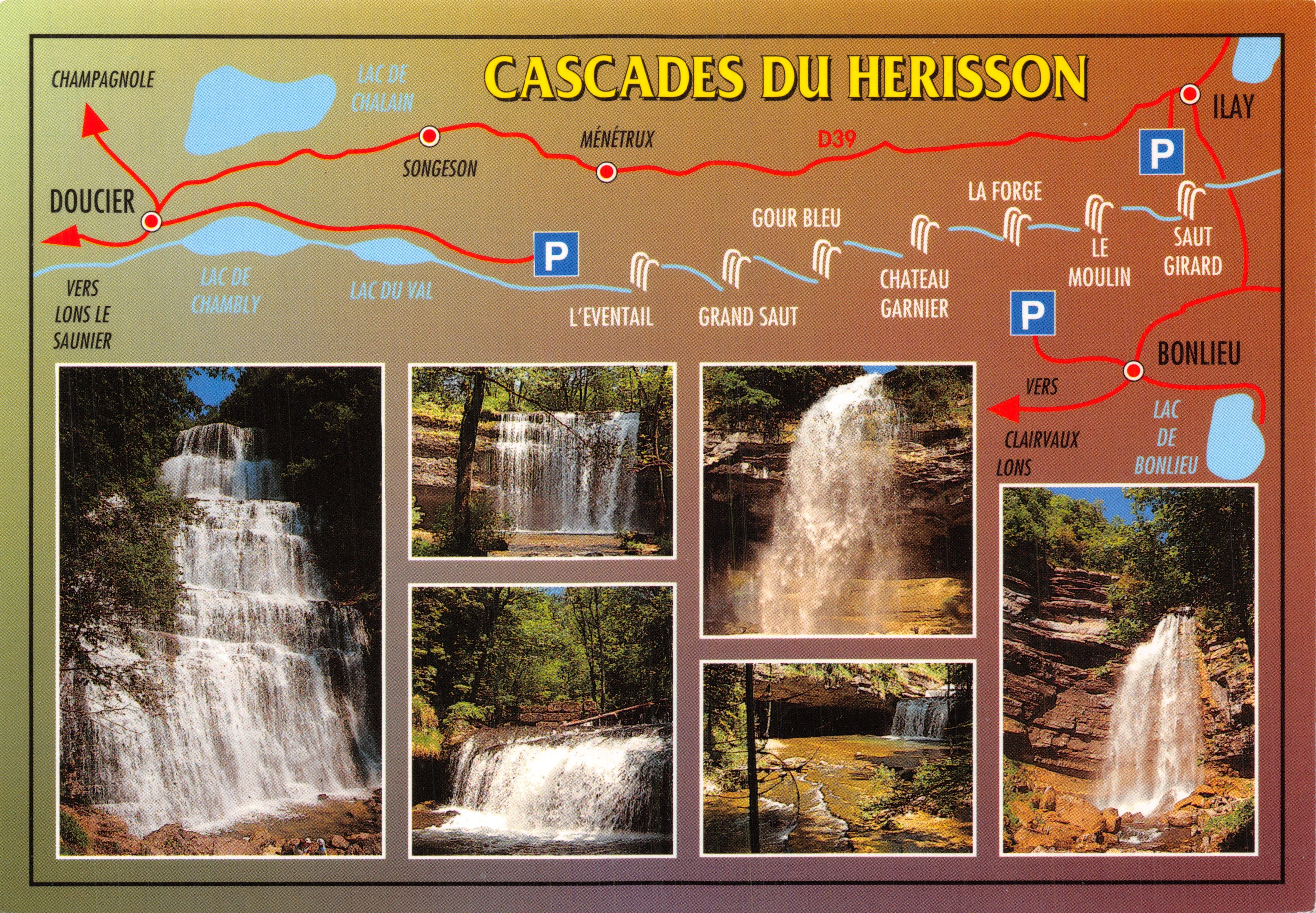 Cascades du Herisson — carte touristique illustrée avec itinéraire et photos de chutes d'eau — Éditions CELLARD