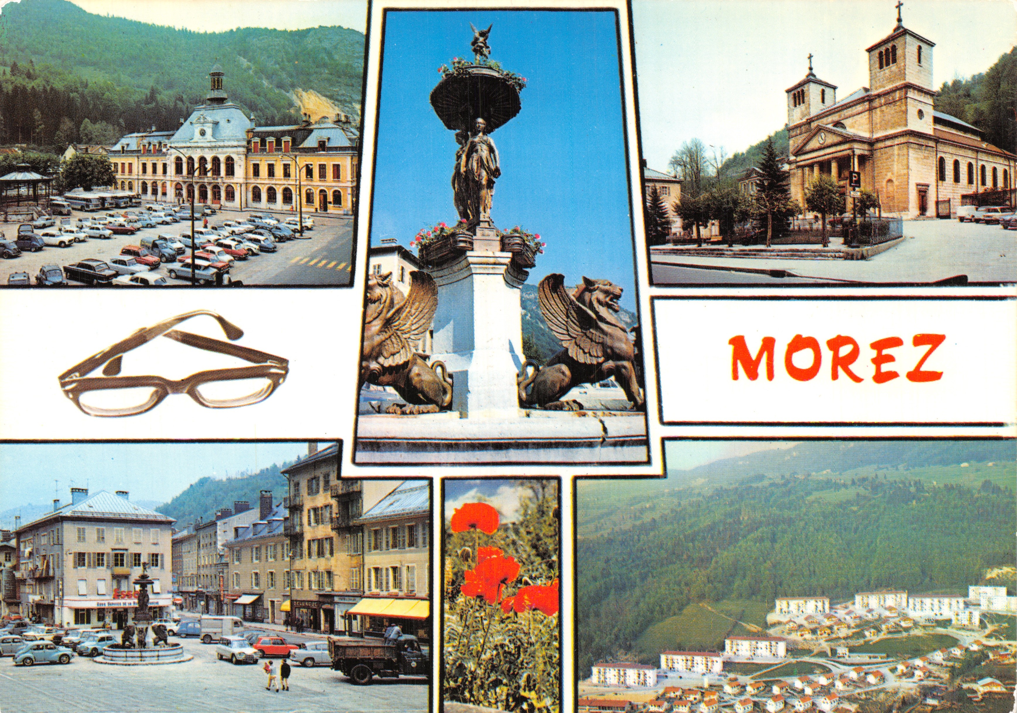Morez — panoramische uitzicht met fontein en kerk — Editions Cellard