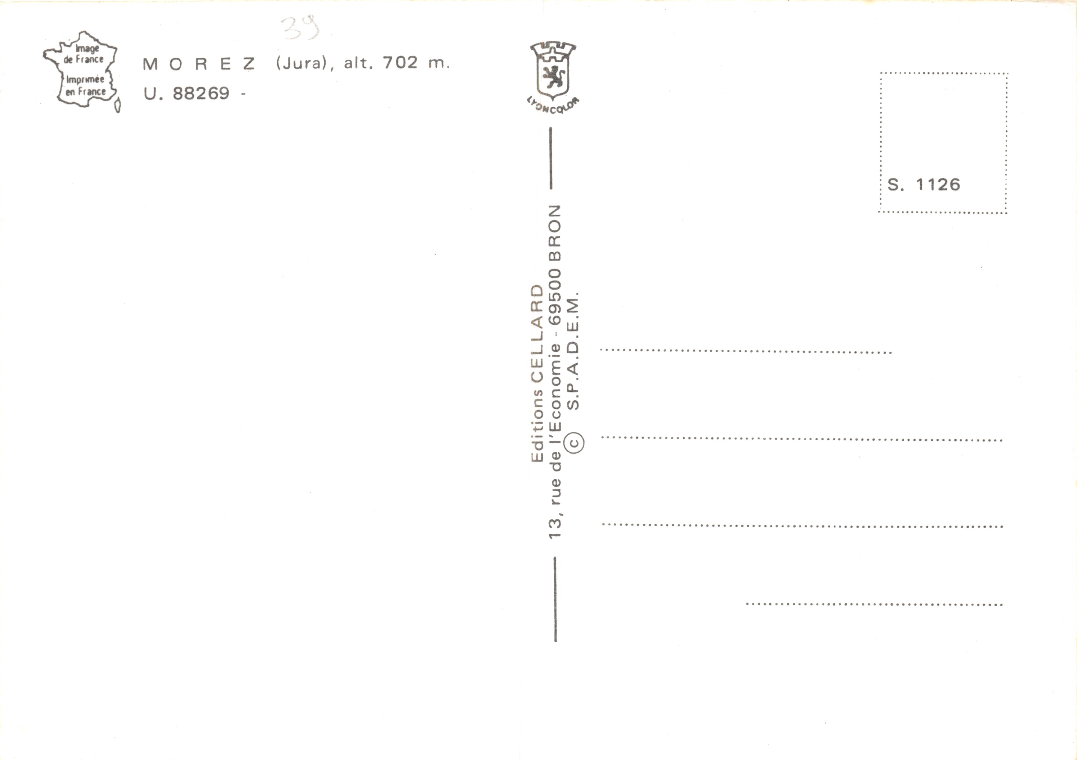 Morez — panoramische uitzicht met fontein en kerk — Editions Cellard — Achterkant