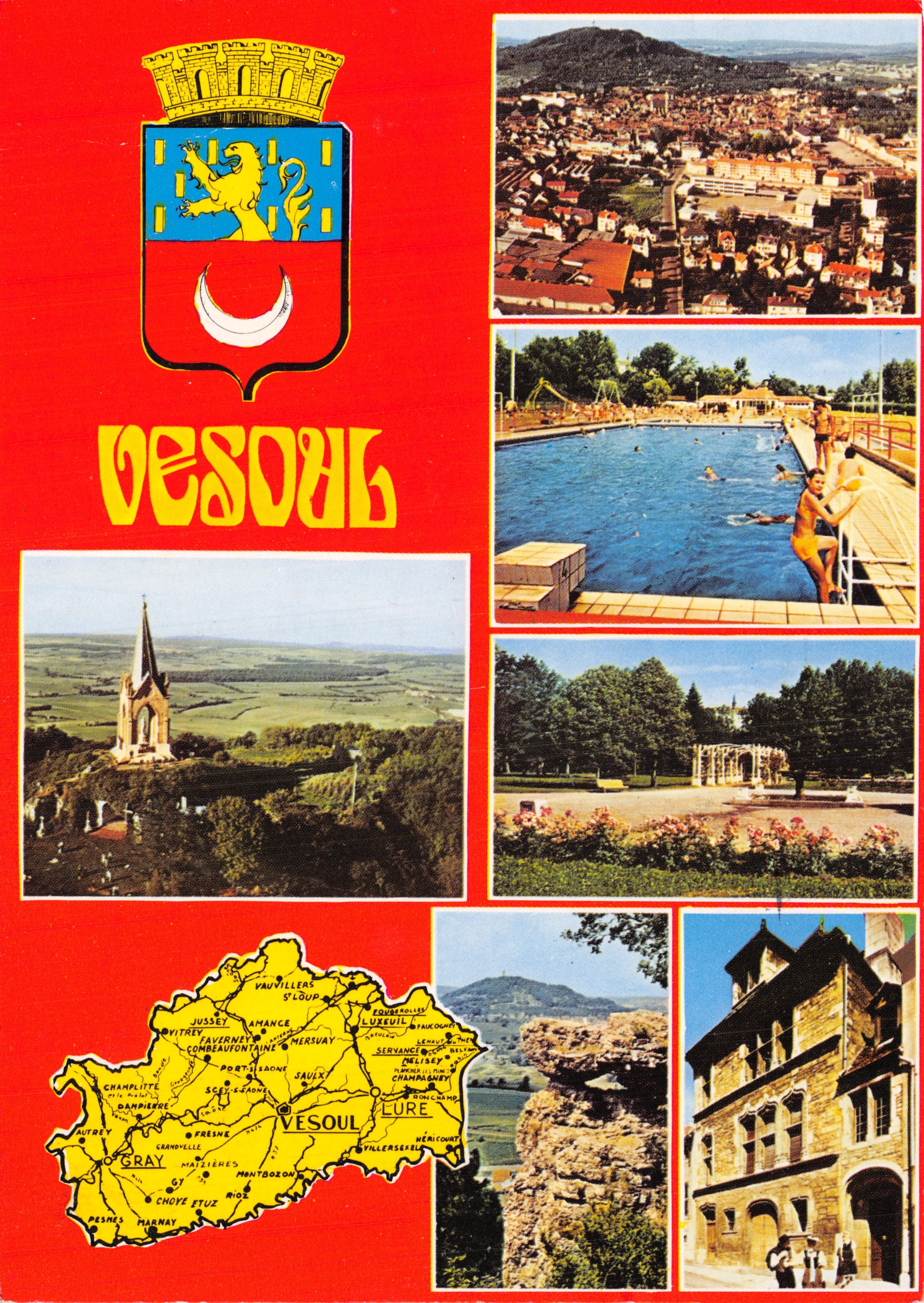 Vesoul — vista aerea, piscina, chiesa, cartolina con timbro e postmark