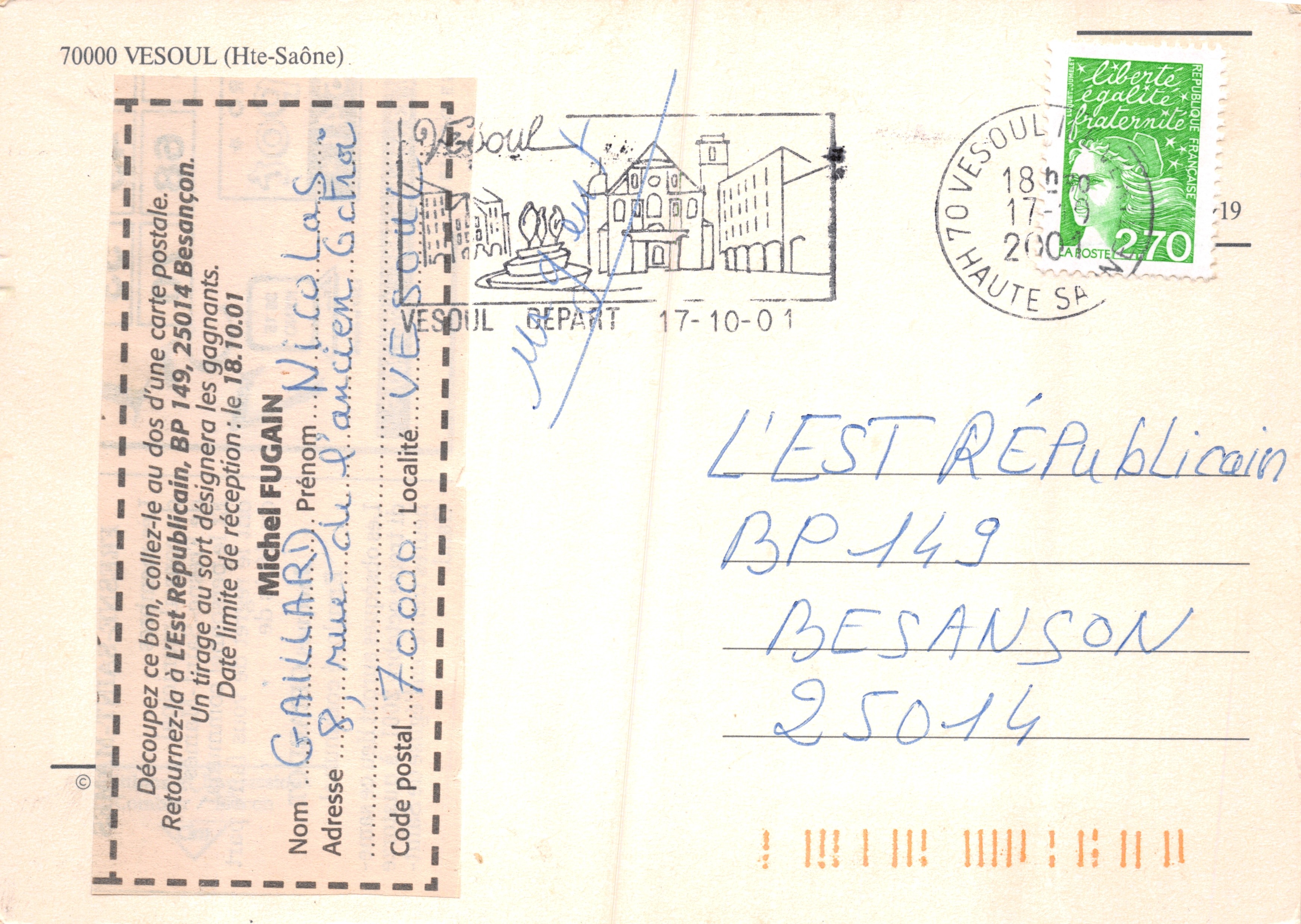 Vesoul — vista aerea, piscina, chiesa, cartolina con timbro e postmark — Verso