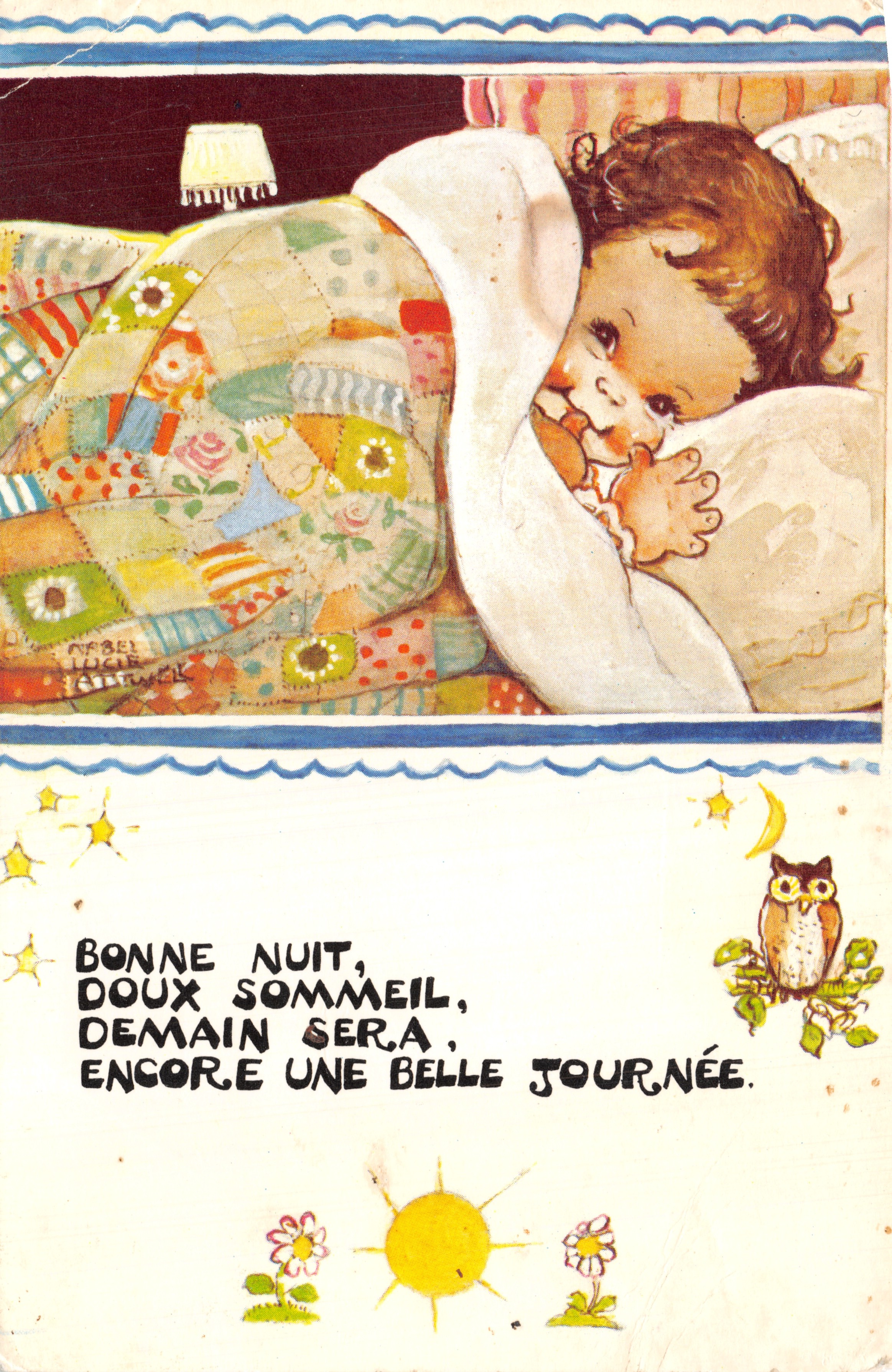 Schlafendes Baby — Nacht Szene mit Patchwork Decke — Verlag Matel Lucie Attwell, Nr. 0530
