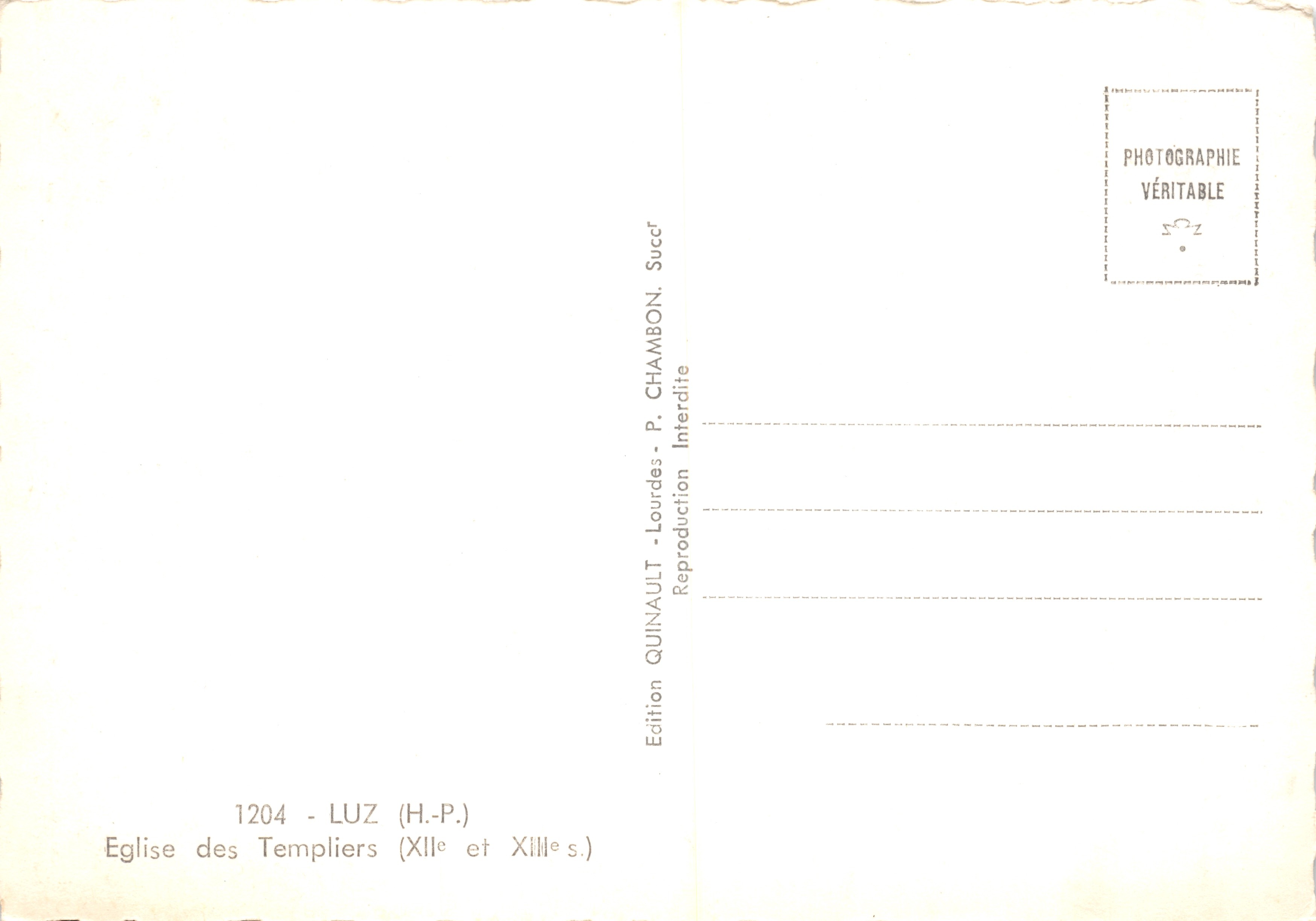Luz-Saint-Sauveur — Tempelkirche — Verlag P. Chambon, Nr. 1204 — Rückseite