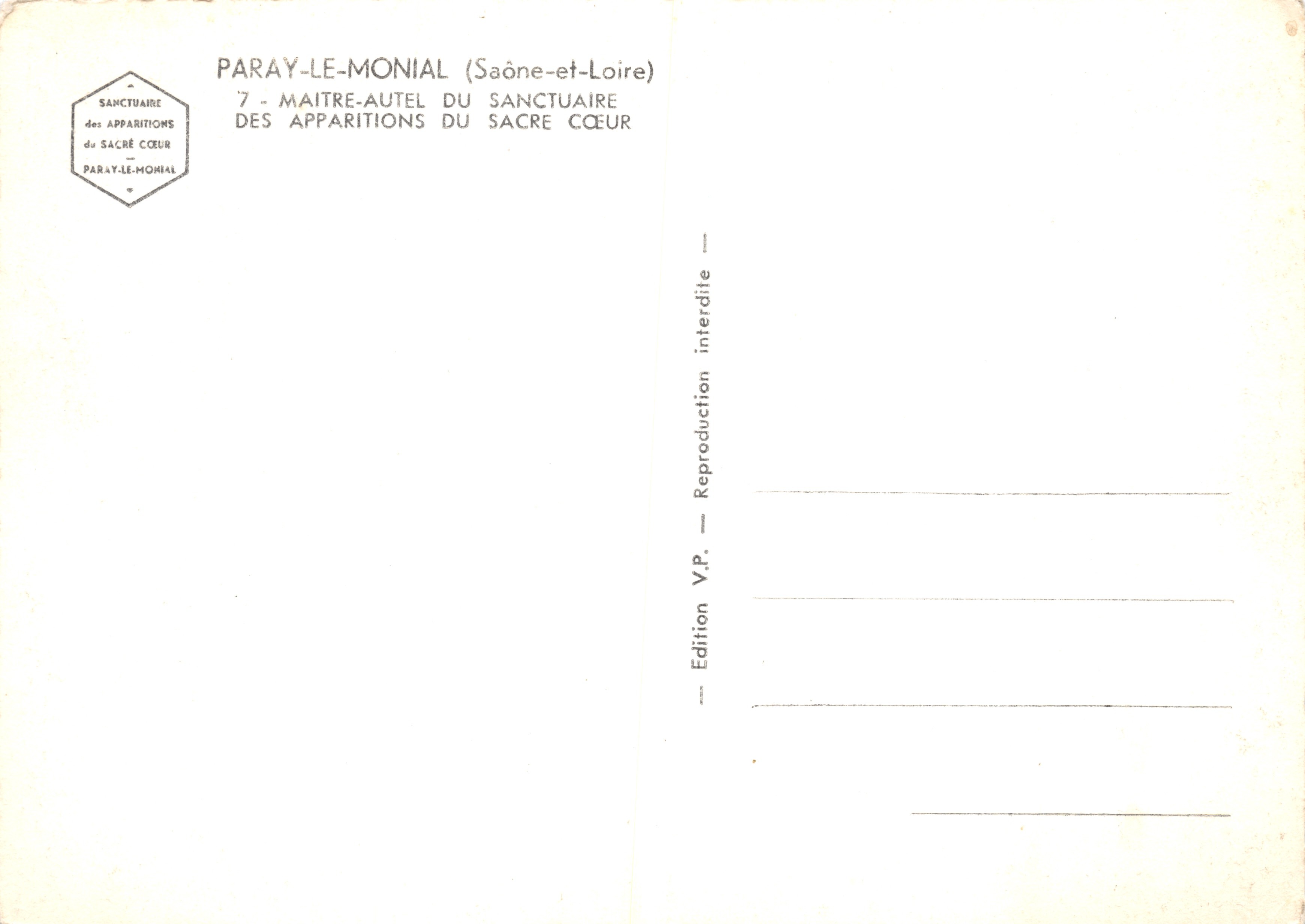 Paray-le-Monial — Maître-autel du sanctuaire des apparitions du Sacré-Cœur — Édition V.P. — Verso
