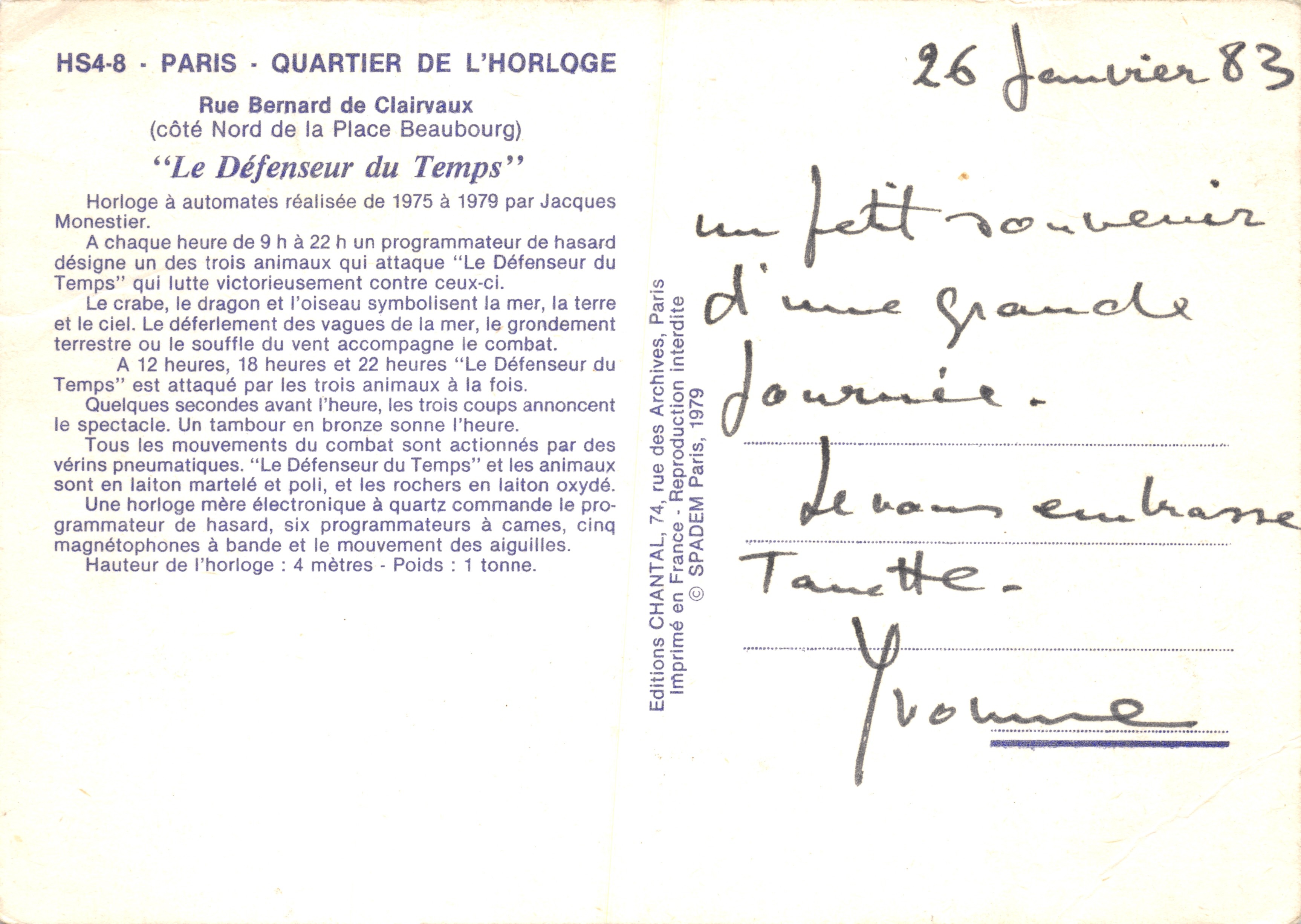 Uhr des Zeitvertreters — Werk von Jacques Monestier — Éditions CHANTAL, Paris — Rückseite