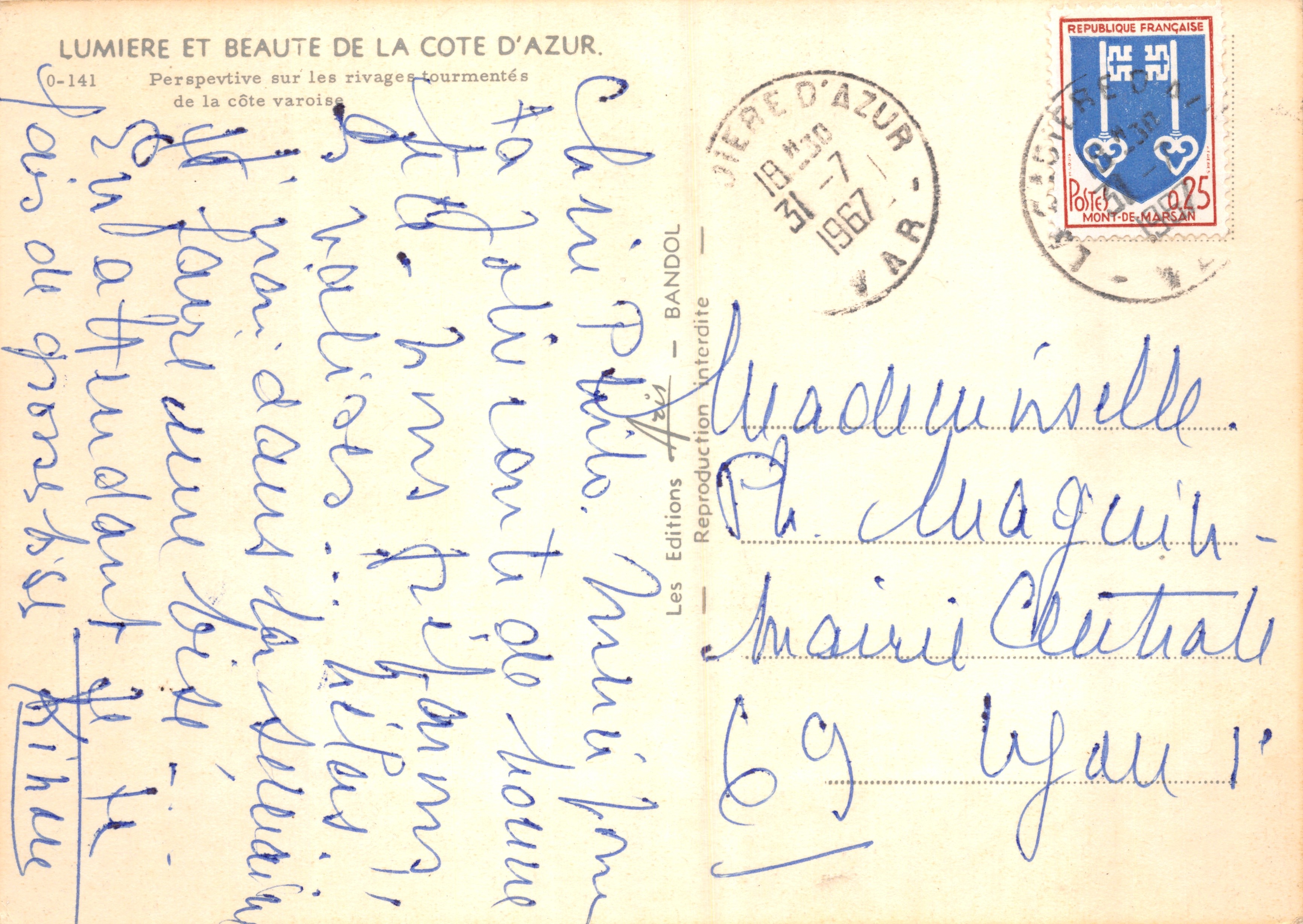 Vista della costa d'Azurra — prospettiva dei litorali tormentati — Les Editions Bandol, n° 0-141 — Verso