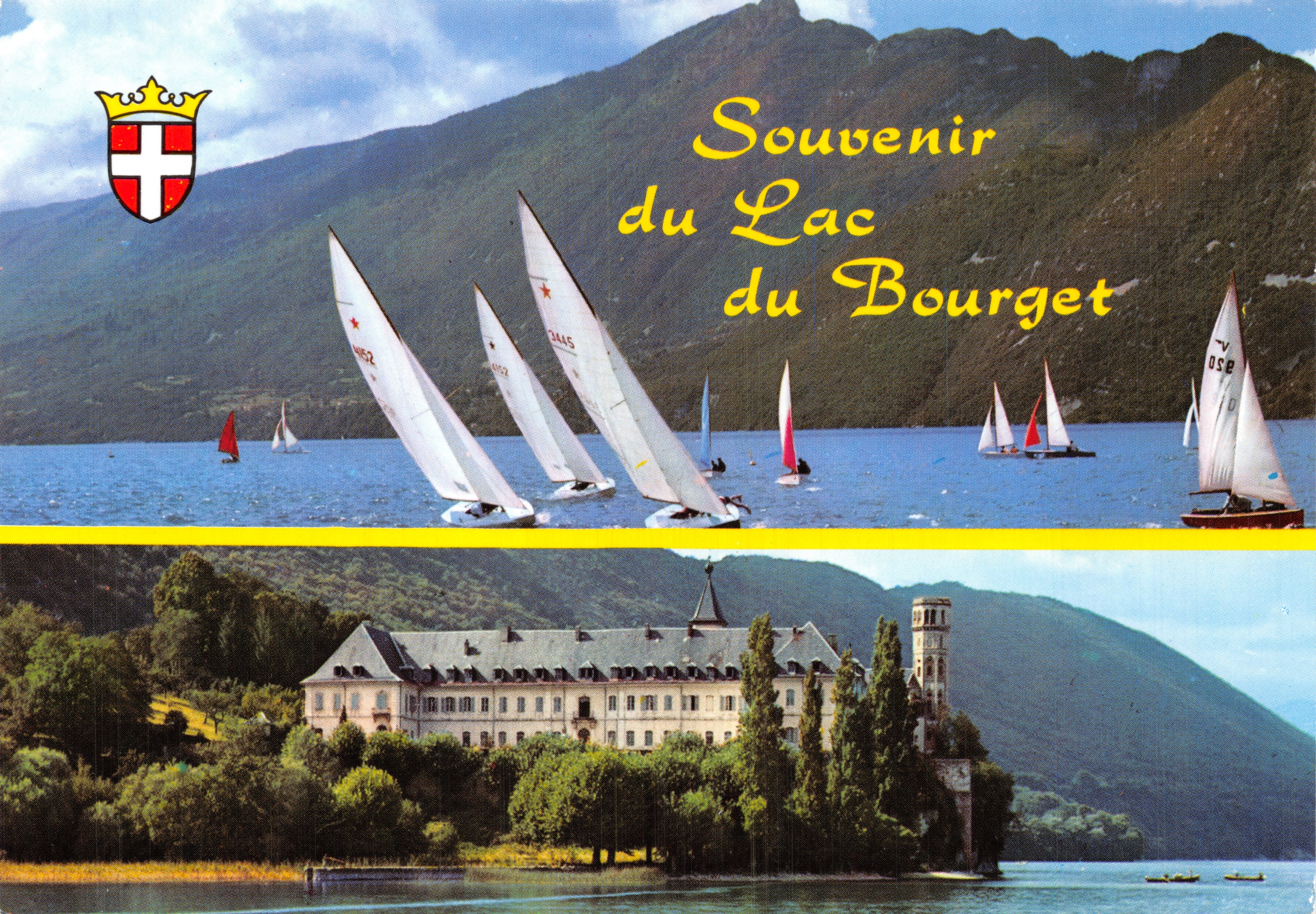 Lago Bourget — vista di imbarcazioni a vela e di un edificio sull'isola — Souvenir du Lac du Bourget, editore SECA