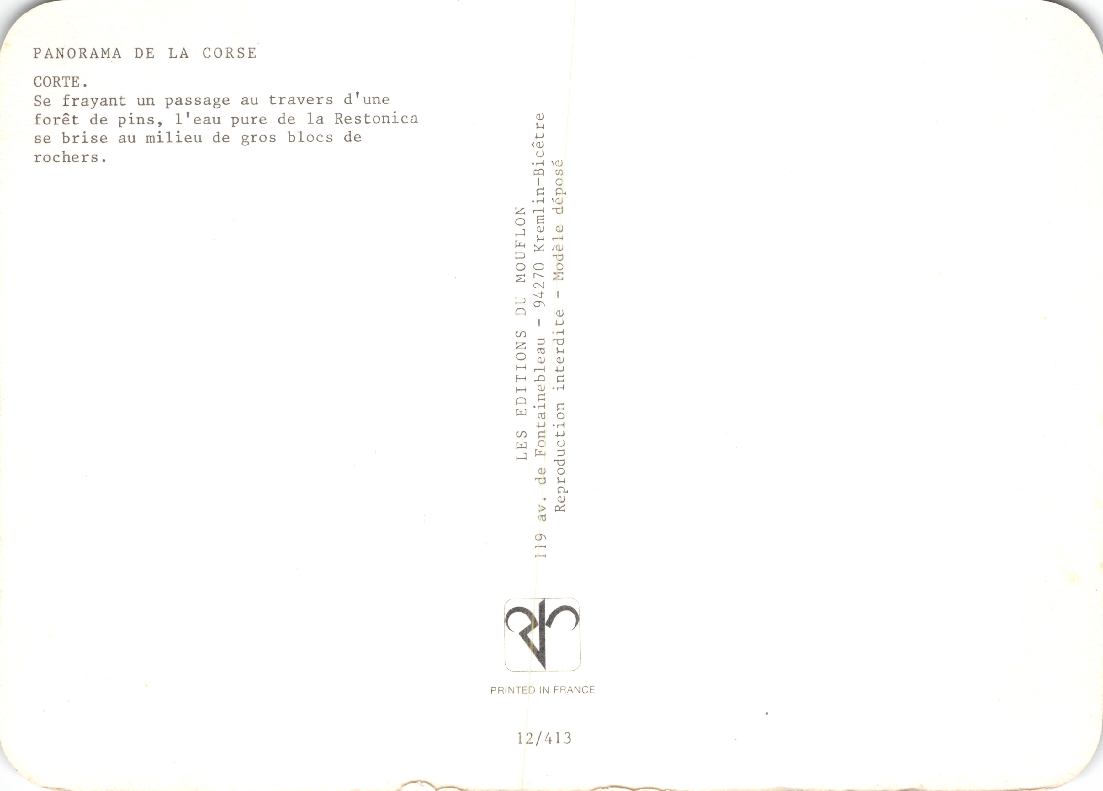 Paysage de la Restonica — rivière traversant une forêt de pins entre rochers — Éditions du Mouflon, 12/413 — Verso