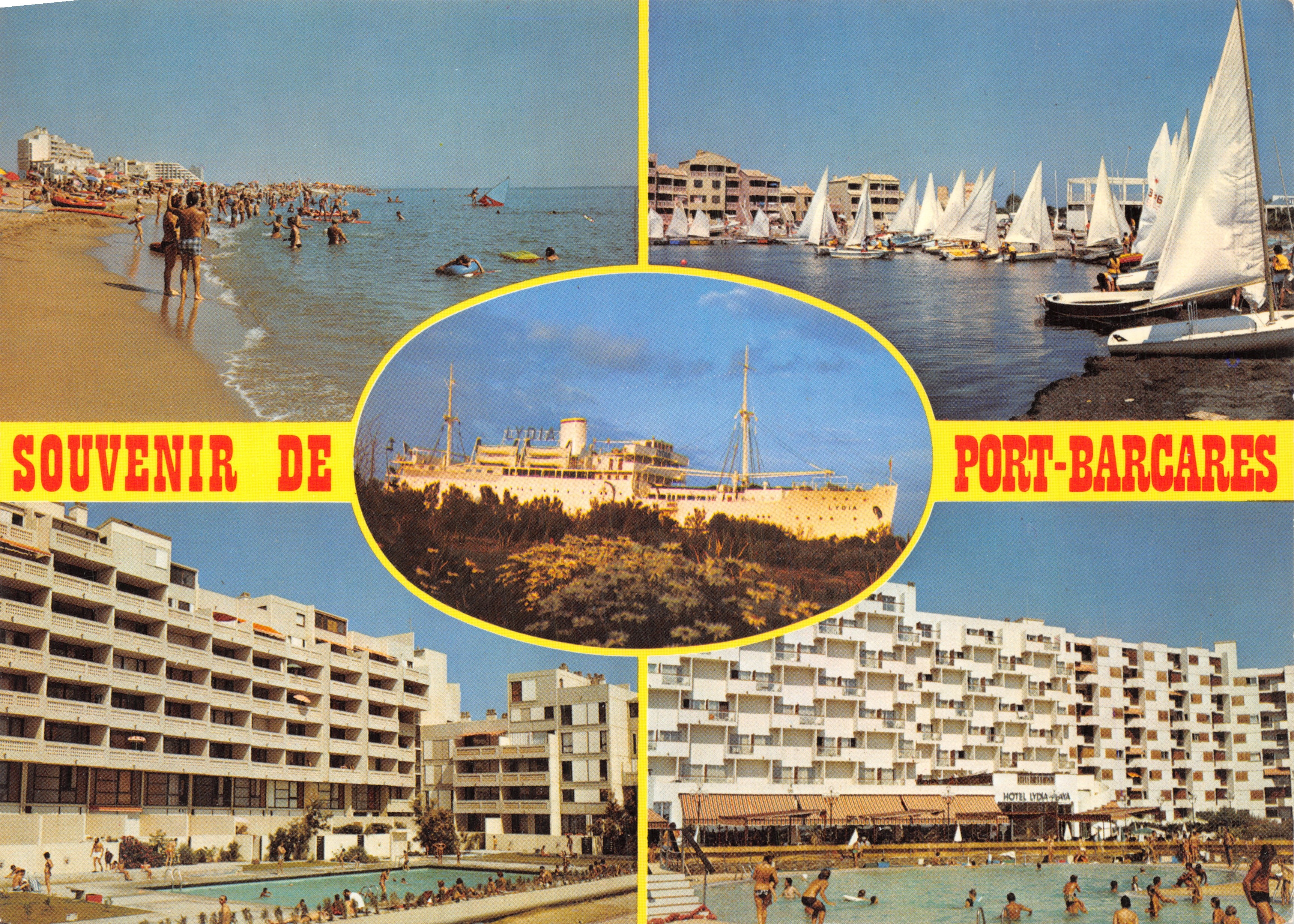 Port-Barcarès — vue de la plage, du port à voile, du paquebot Lydia et de l'hôtel Lydia — Éditions S. Audumares