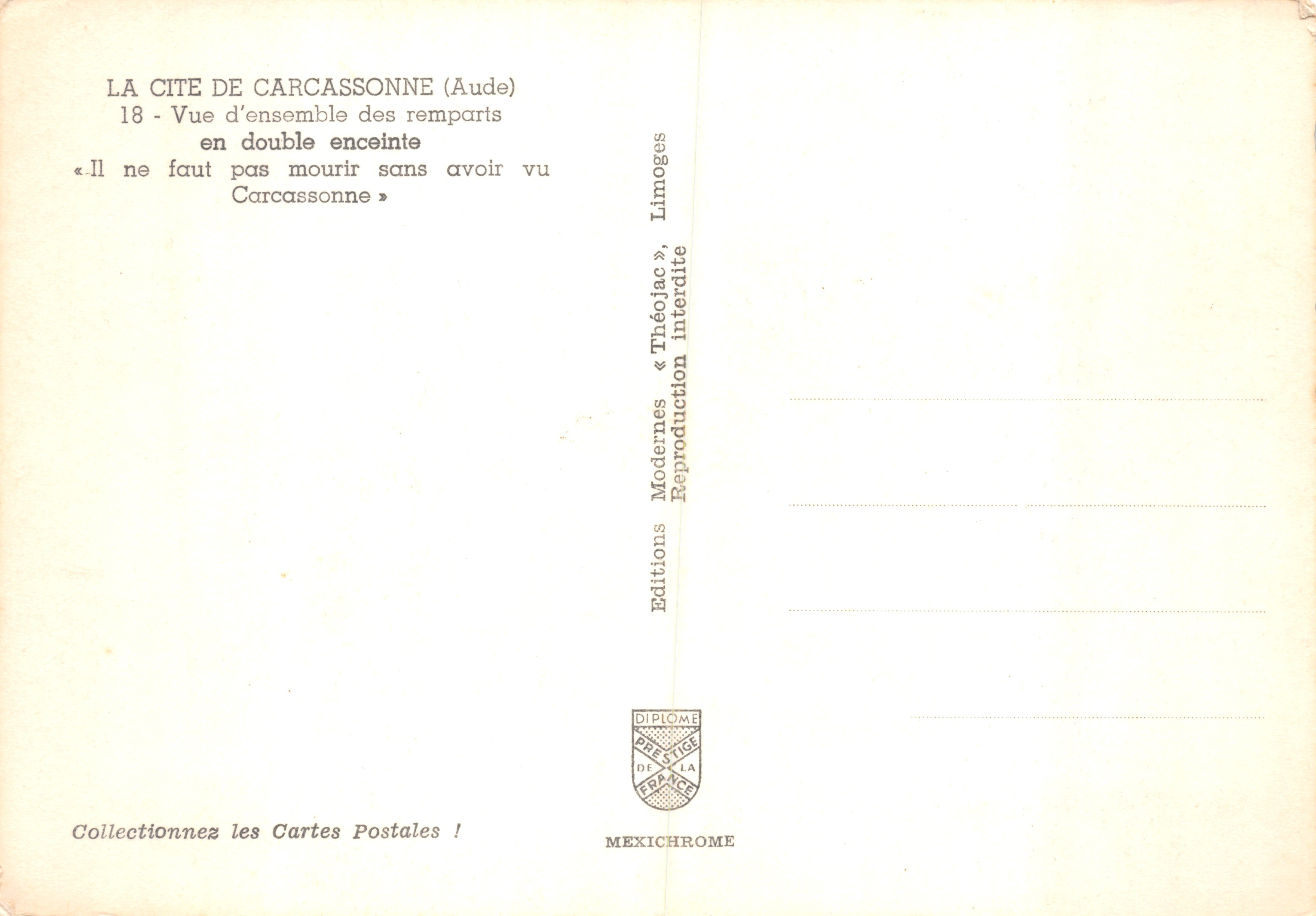 Carcassonne — panoramica dei muri di doppia cinta — Editions Mexichrome — Verso
