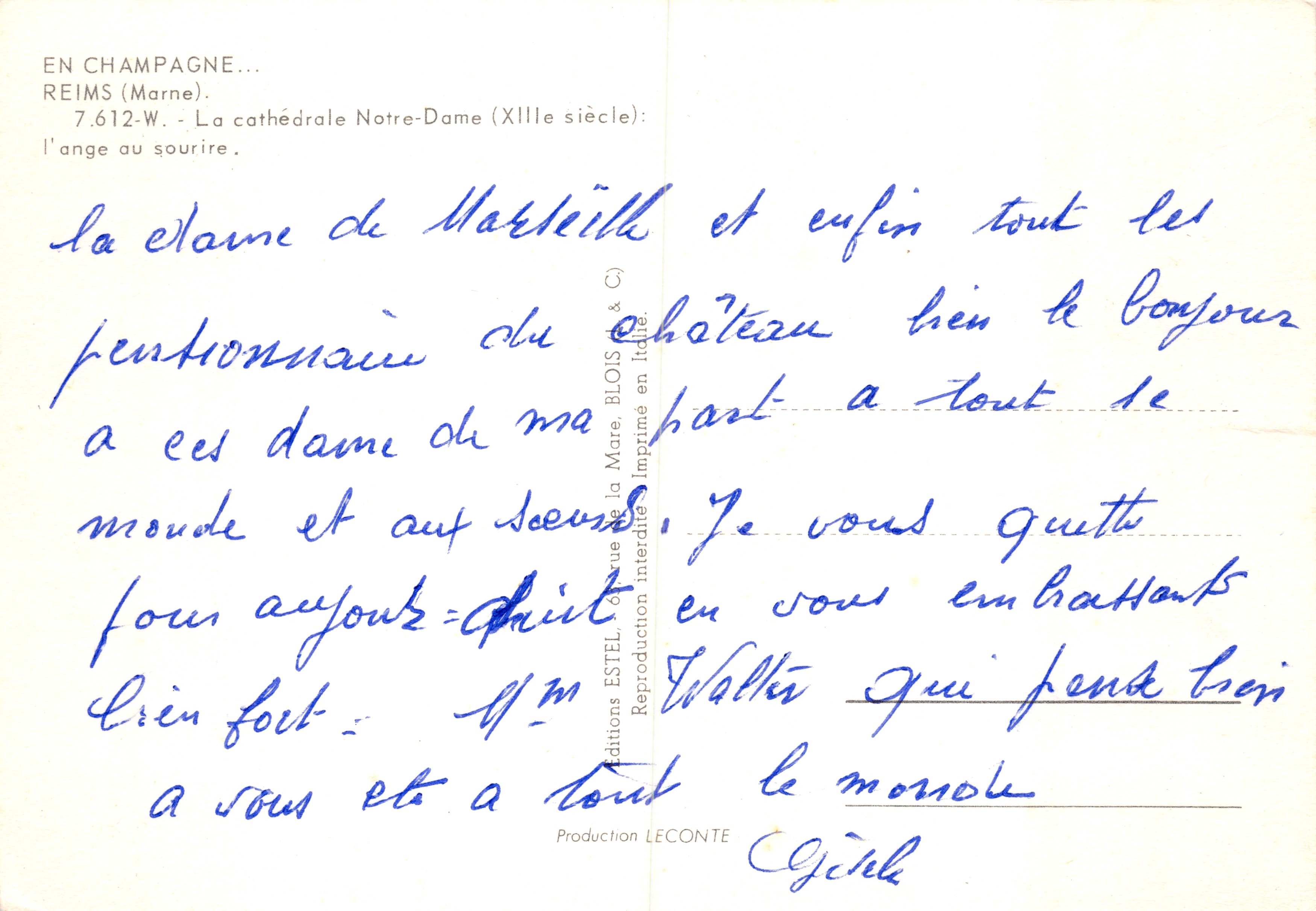 Reims — Cattedrale Notre-Dame (XIII secolo) — L'angelo sorridente — Editore ESTEL & Cie, n. 7.612-W — Verso