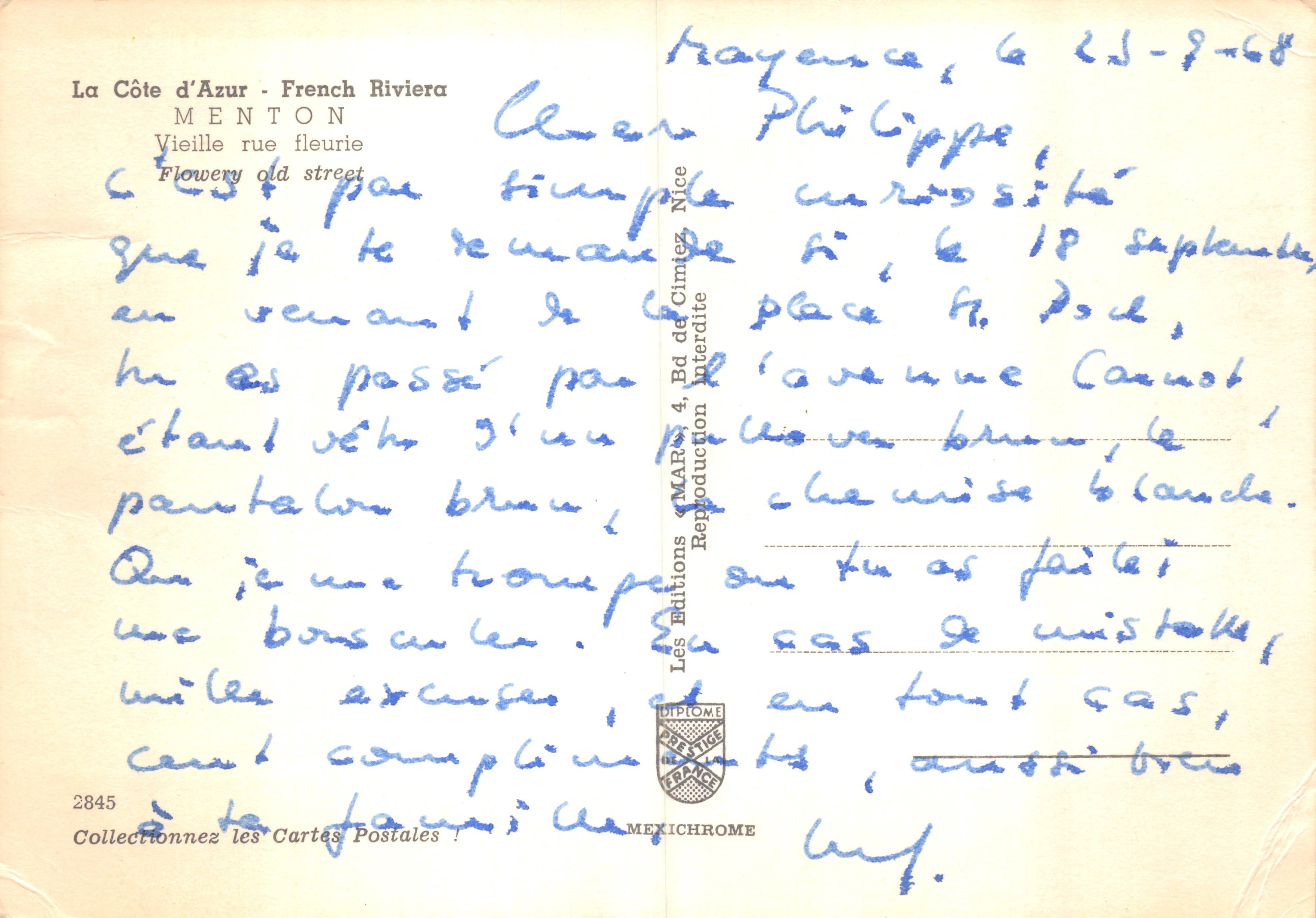 Menton — flowered street — publisher IRIS — Back
