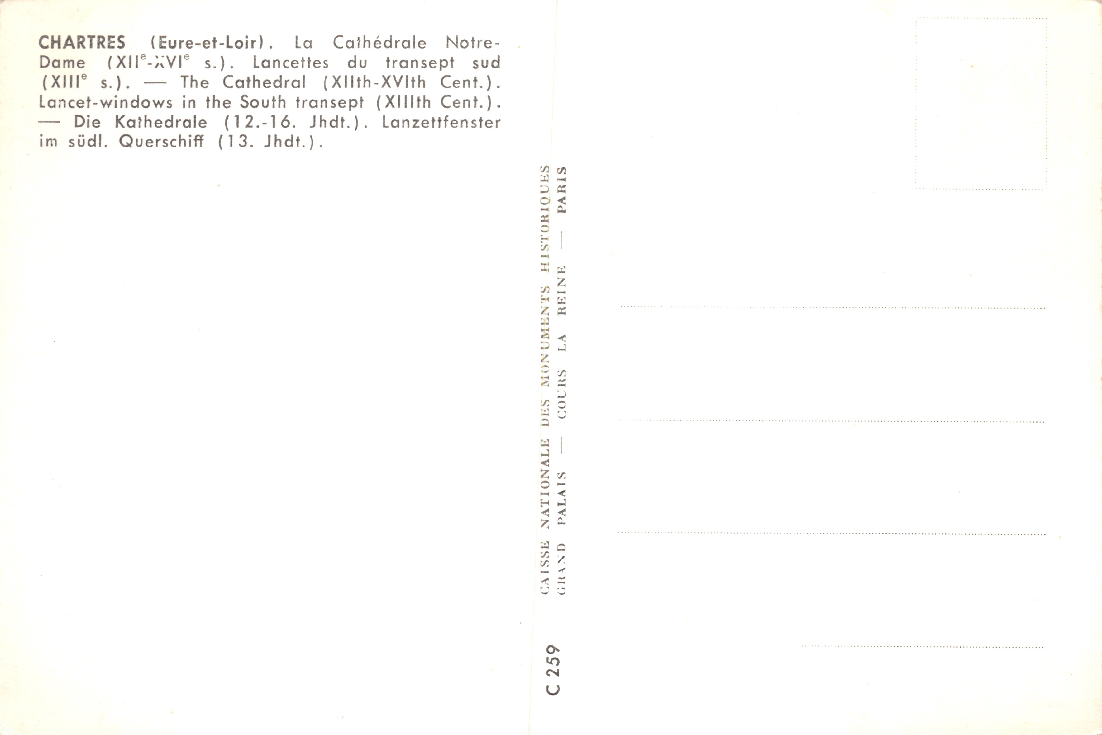 Chartres (Eure-et-Loir) — Kathedraal Notre-Dame, lancetten van het zuidelijke transept — Nationale Stichting voor Historische Monumenten, Parijs, nr. C 259 — Achterkant