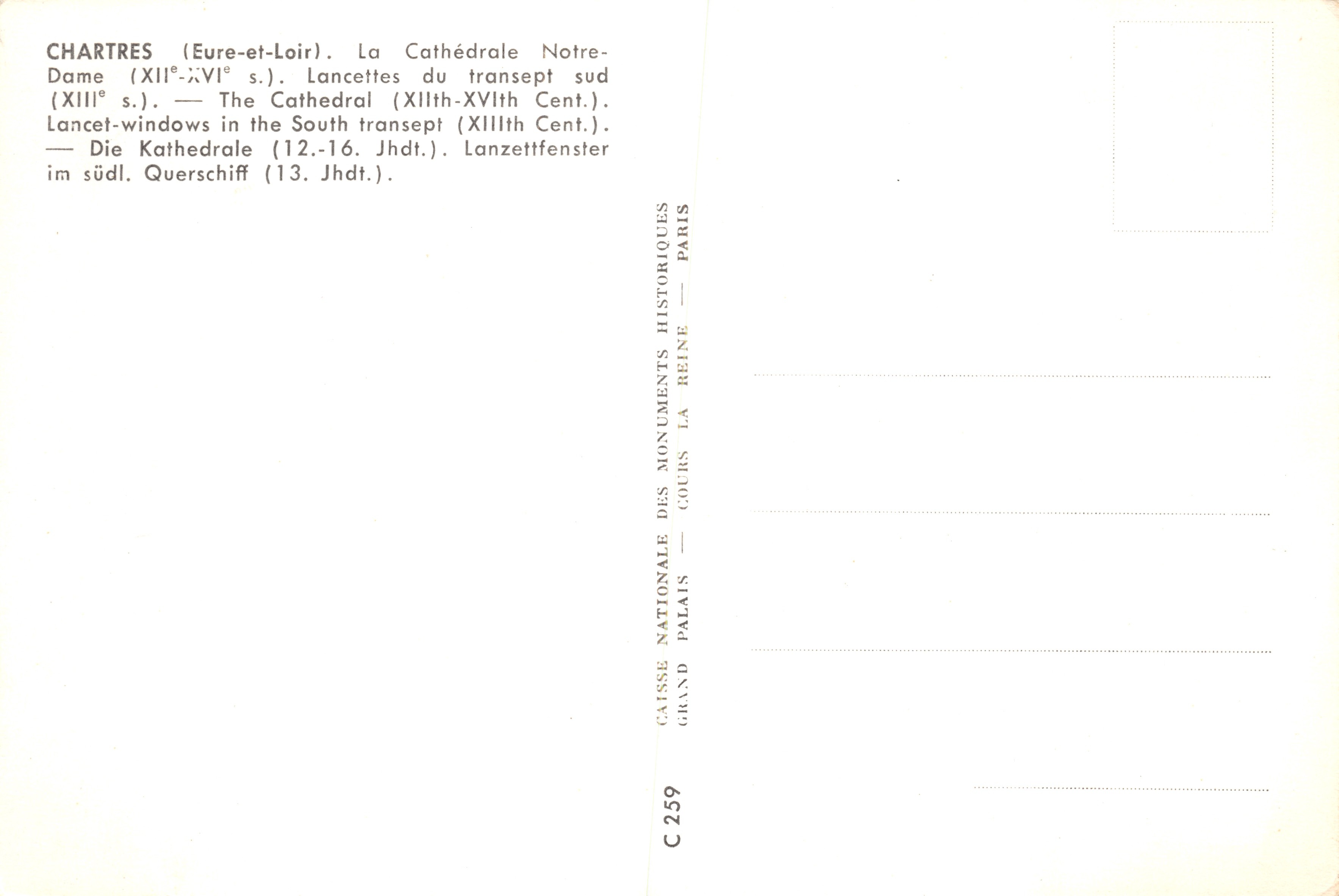 Chartres (Eure-et-Loir) — Cathédrale Notre-Dame, lancettes du transept sud — éditeur Caisse nationale des monuments historiques, Paris, n° C 259 — Verso