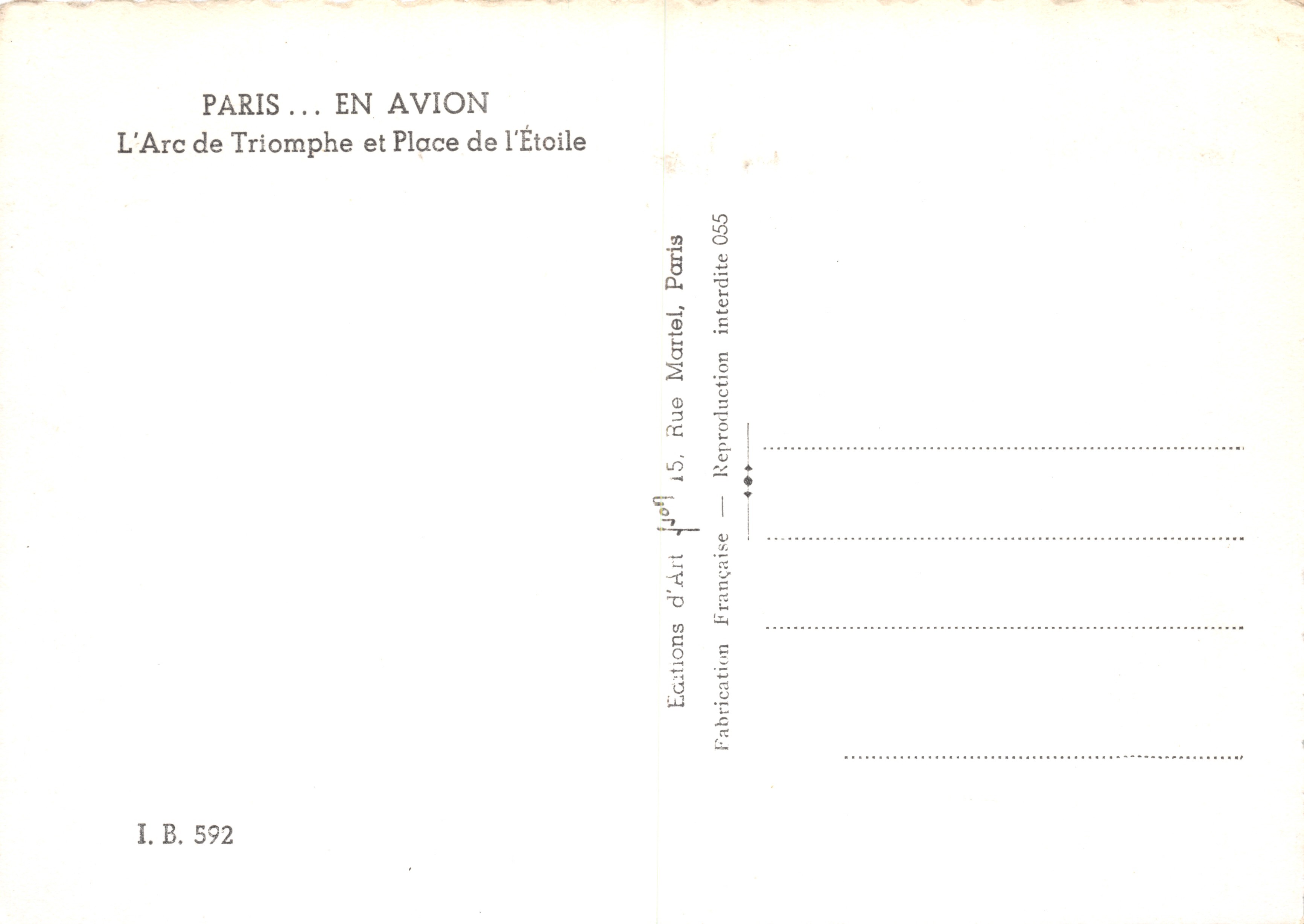Parijs — Luchtfoto van de Arc de Triomphe en de Place de l'Étoile — Éditions d'Art Martel, n° I.B. 592 — Achterkant