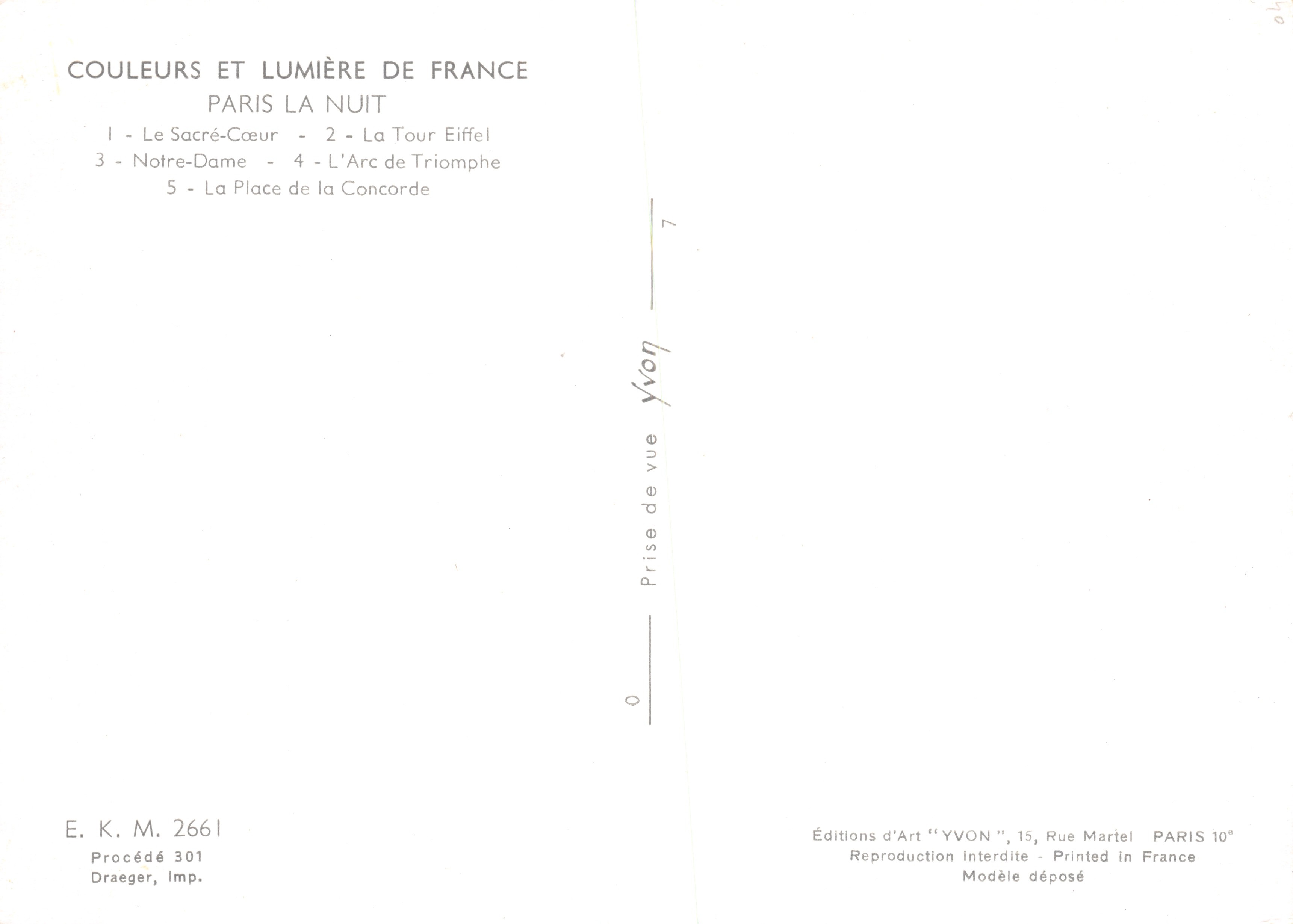 Paris nachts — Nachtsicht von 5 Monumenten — Editions d'Art 'YVON' — Rückseite