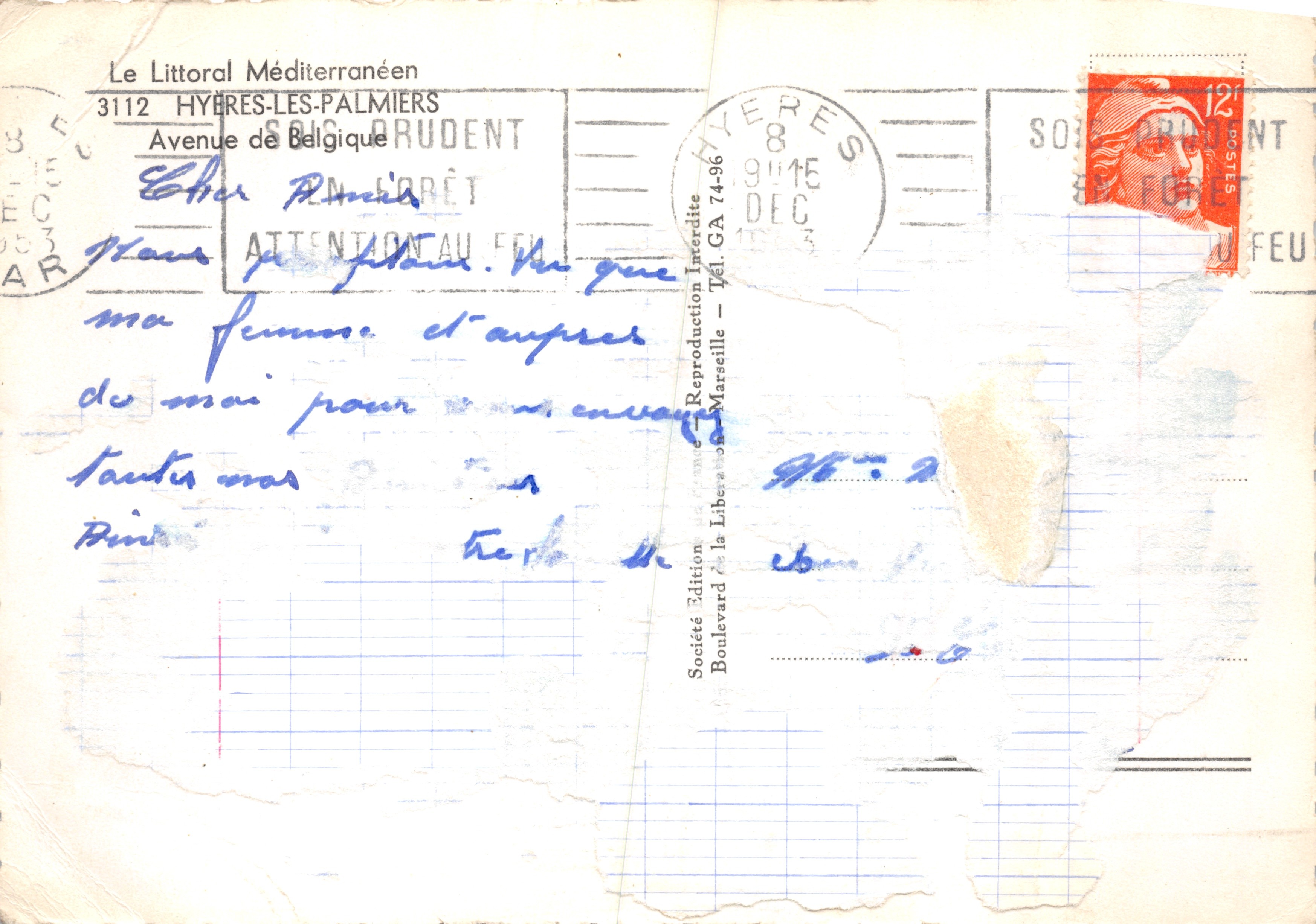 Vista de Hyères-Les-Palmiers — editor Société Prudent, n.º 3112 — Reverso
