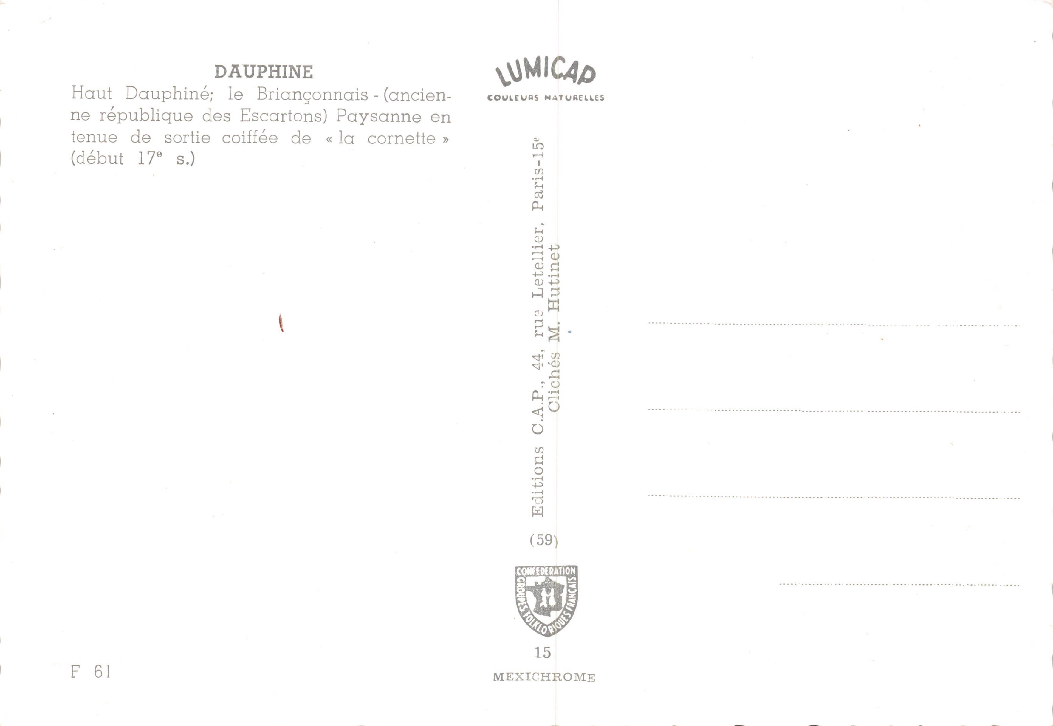 Donna in abito tradizionale — Dauphiné — editore LUMICAP — Verso
