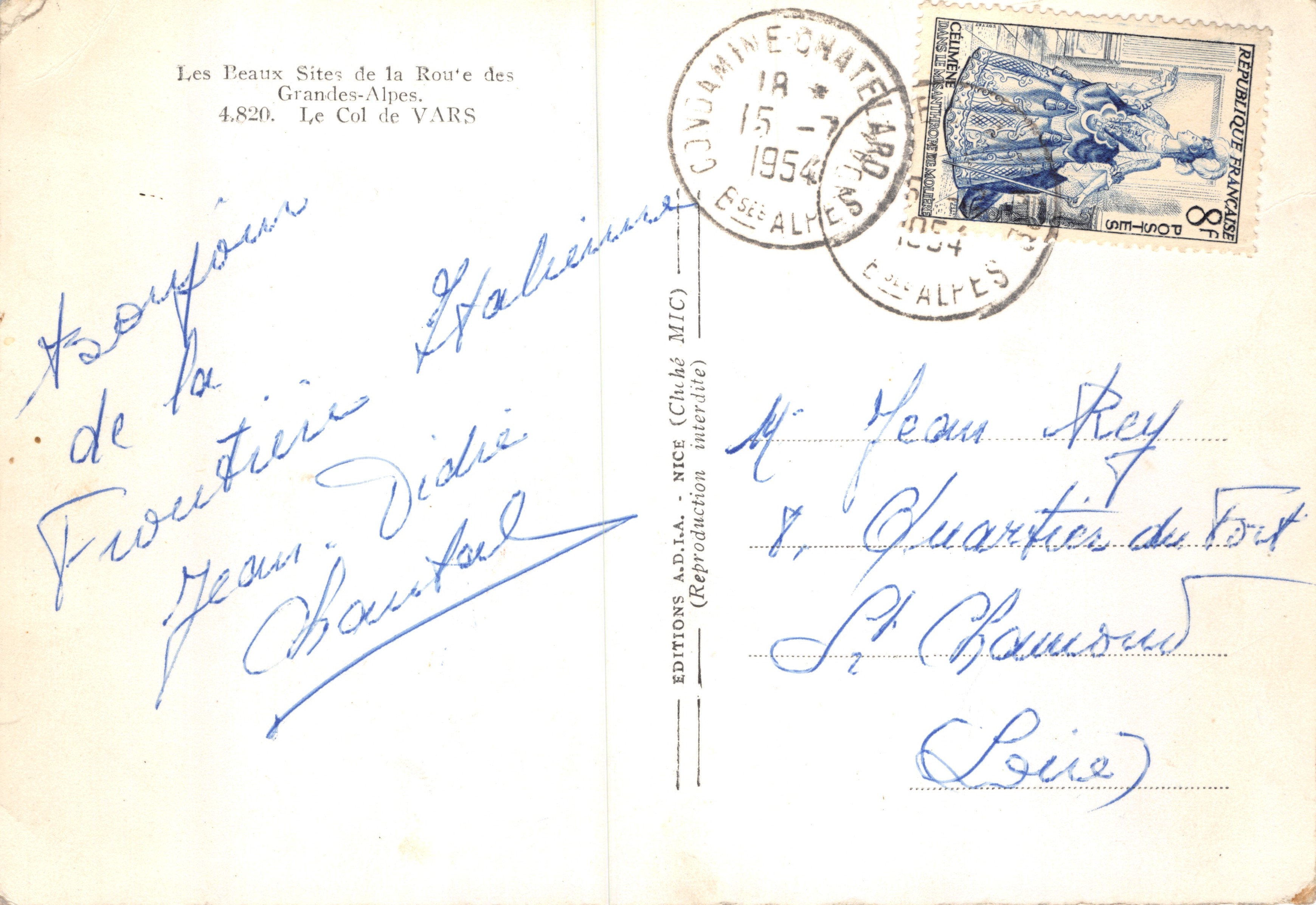 Le Col de Vars — vue du col en forêt de pins avec voiture — Éditions A.D.I.A. NICE — Verso