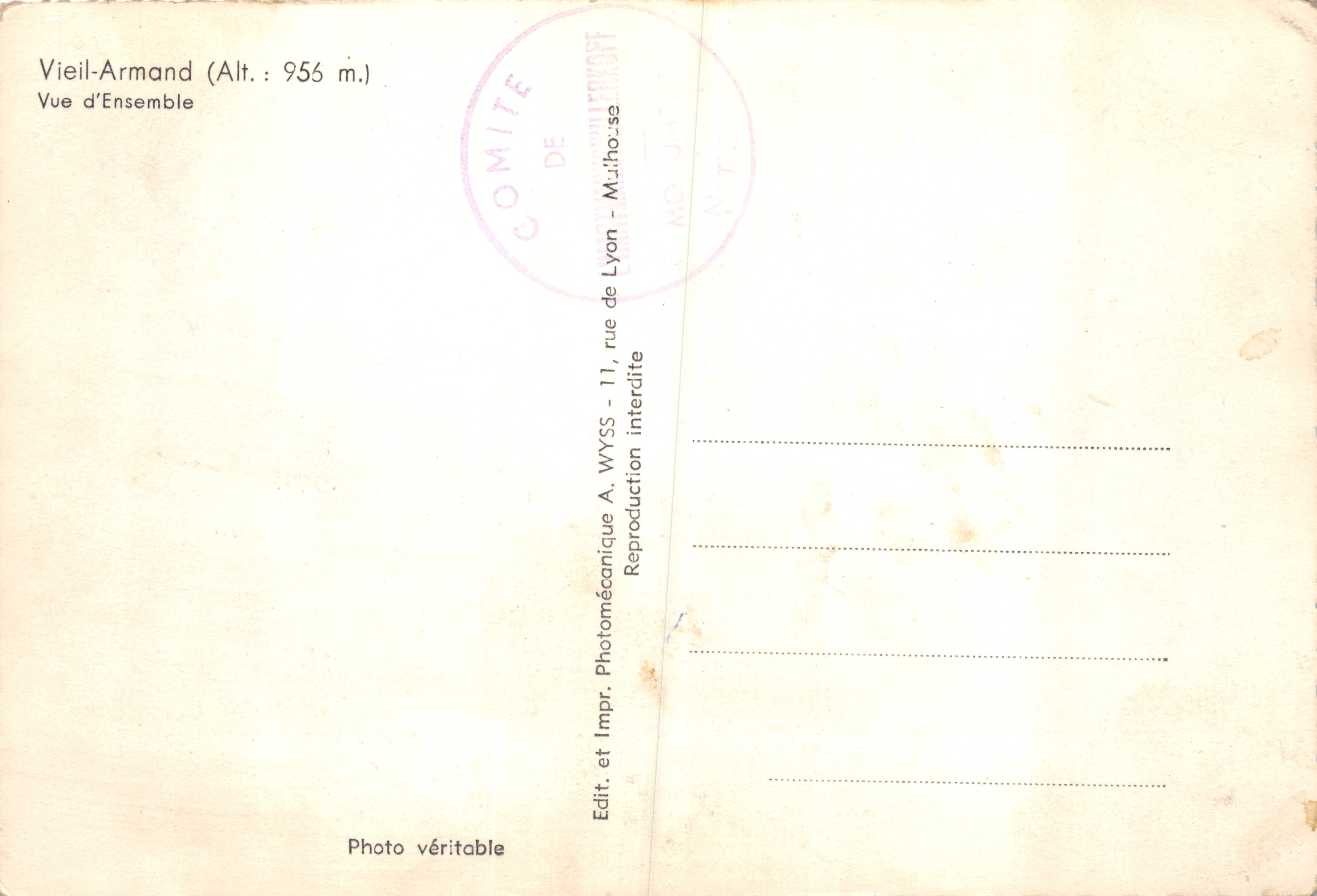 Old Armand — vista general del monumento en la montaña — editor A. WYSS — Reverso