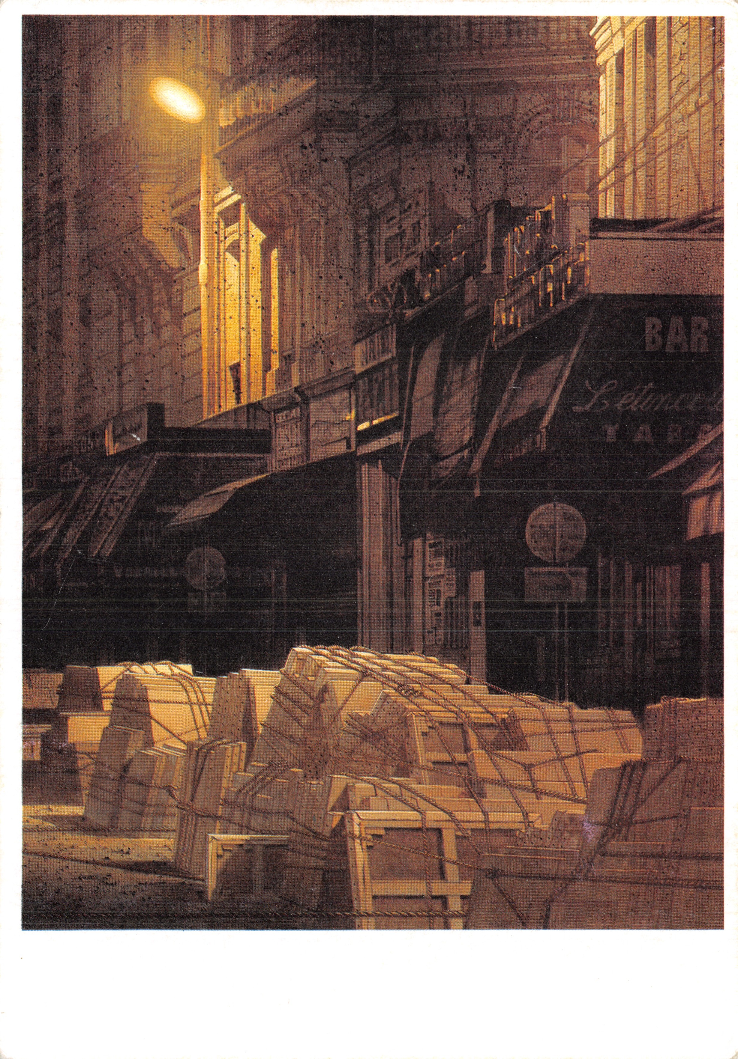 Nuit sur une rue animée — scène urbaine avec bar 'Létince' et piles de caisses — éditeur JOB Imprimerie Alençonnaise
