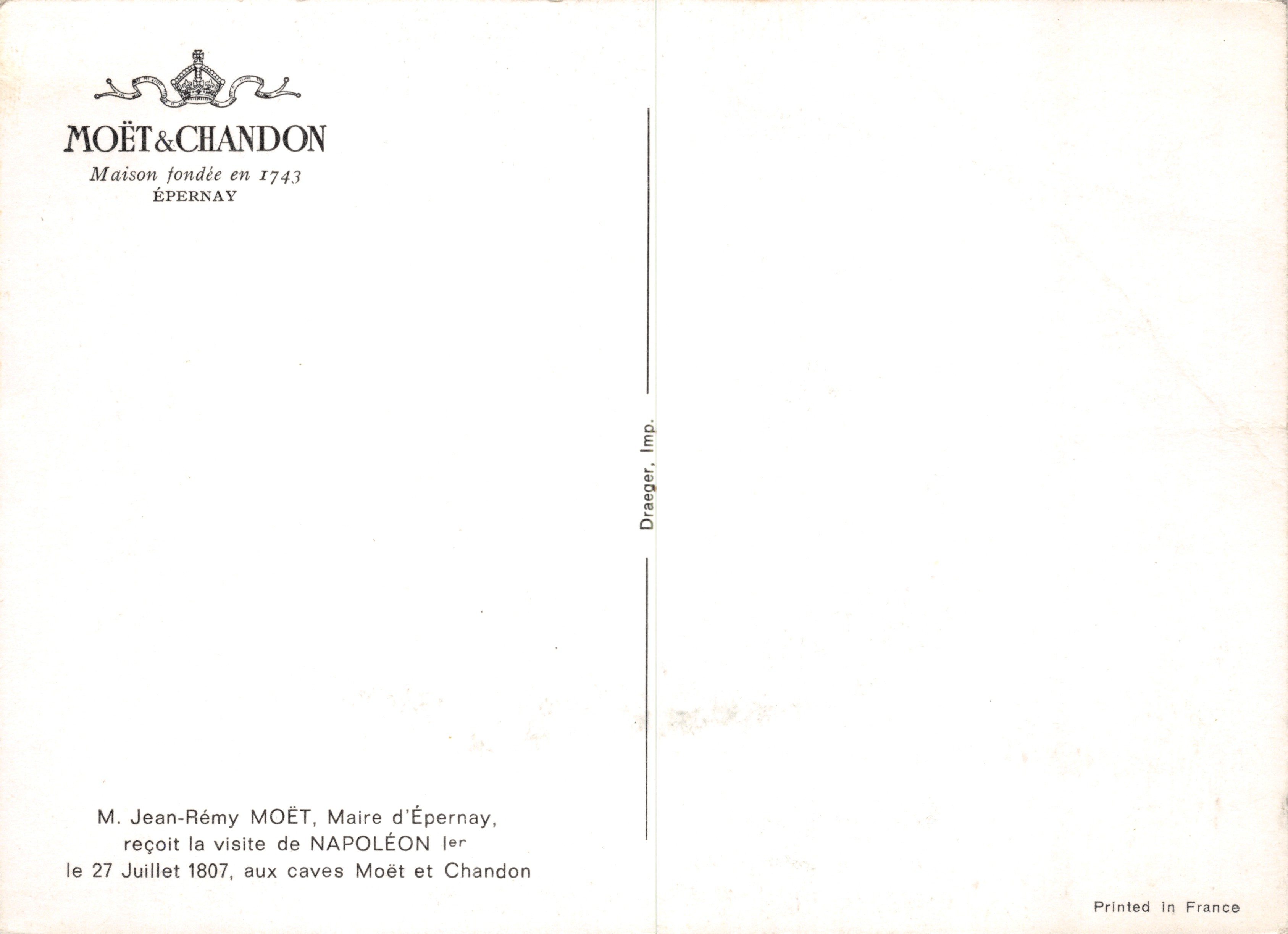 Napoleón I — visita a las bodegas Moët & Chandon — editor Draeger, Imp — Reverso
