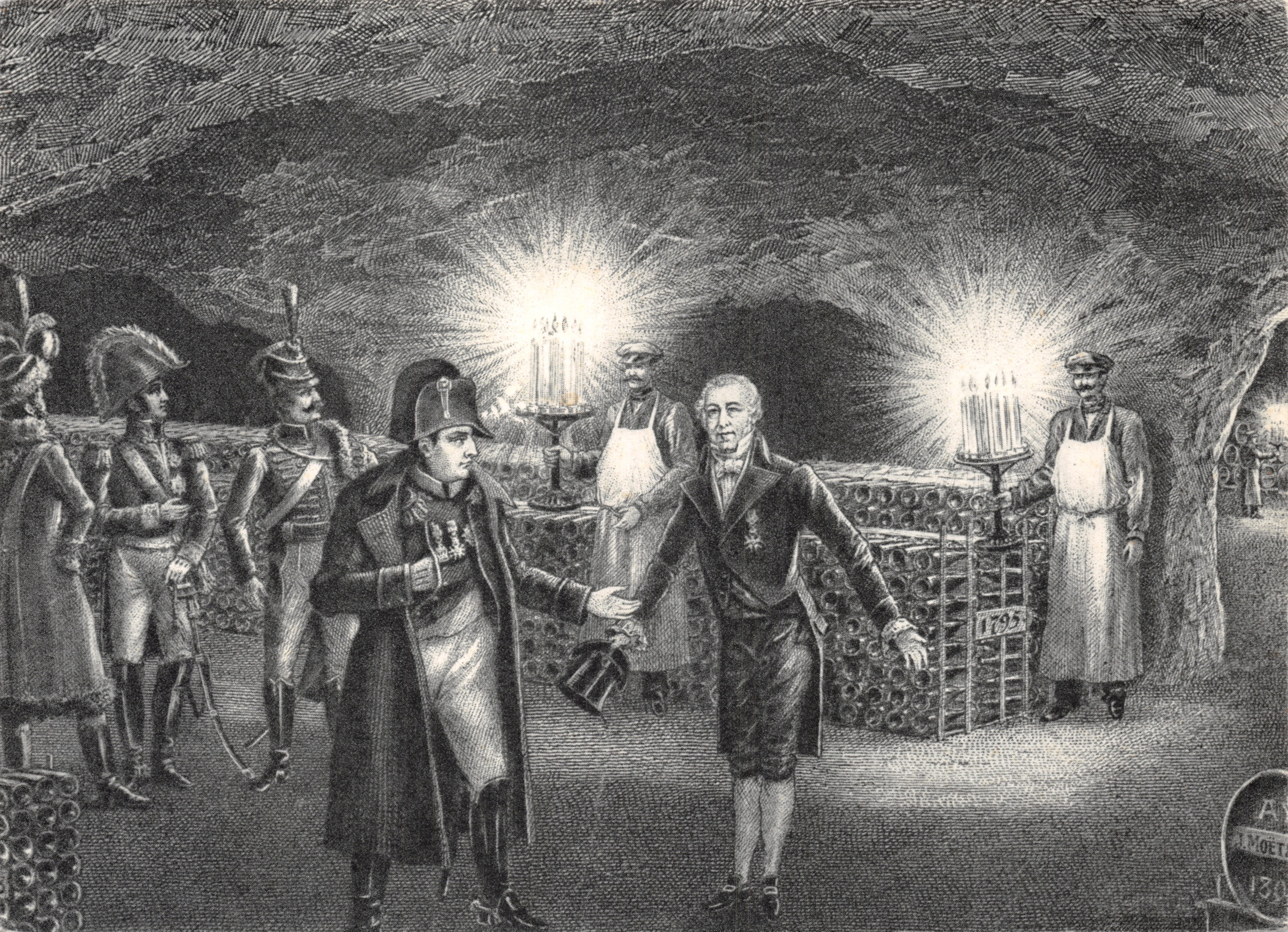 Napoléon Ier — bezoek aan de kelders van Moët & Chandon — uitgever Dreeger, Drukkerij Épernay