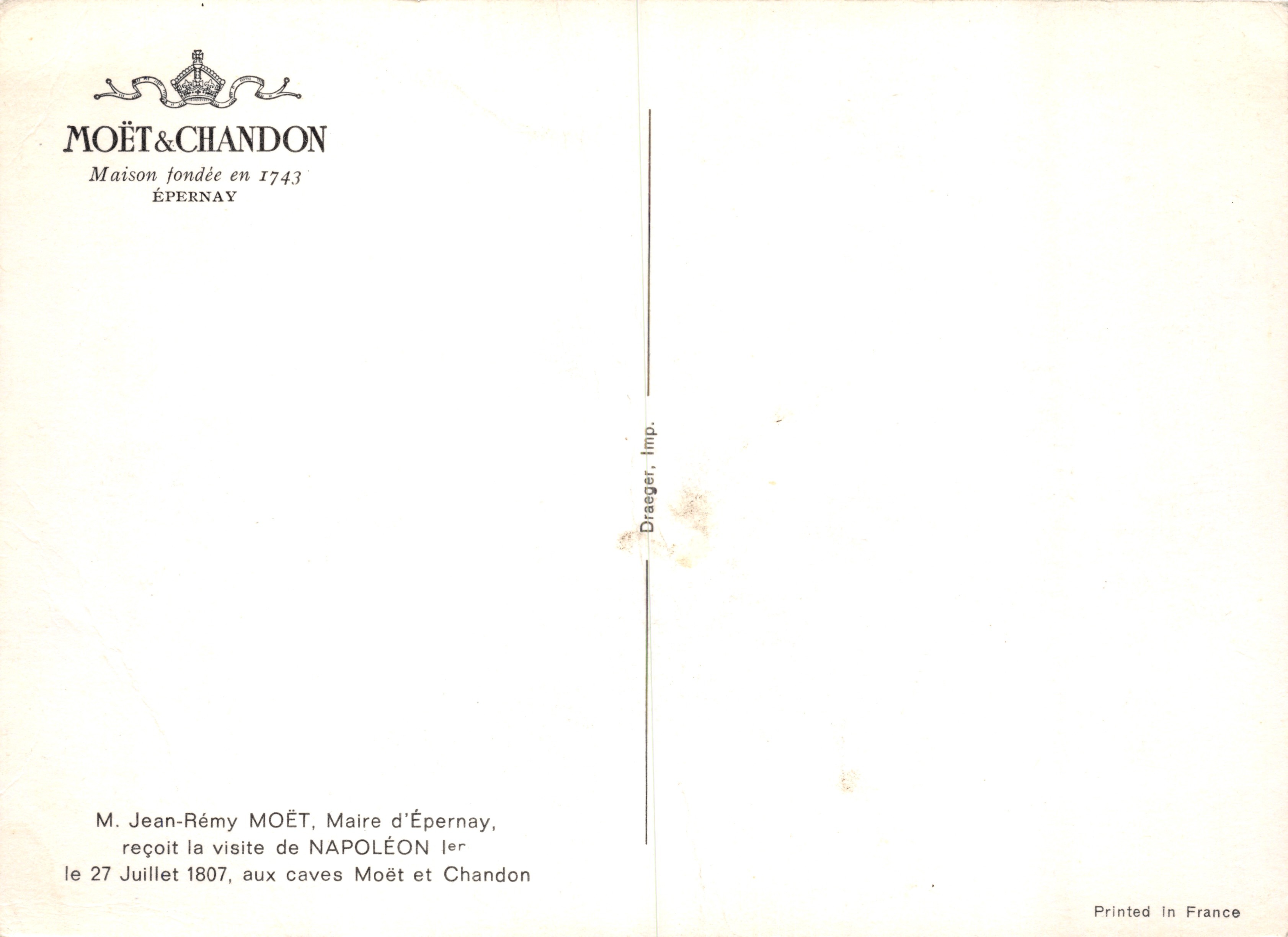 Napoléon Ier — bezoek aan de kelders van Moët & Chandon — uitgever Dreeger, Drukkerij Épernay — Achterkant
